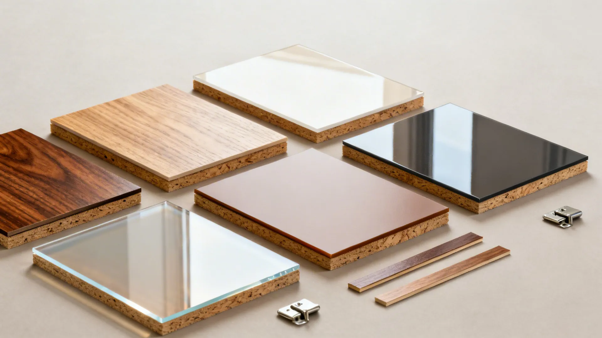 Multiple square material samples showing different colors and finishes like wood grain and shiny black