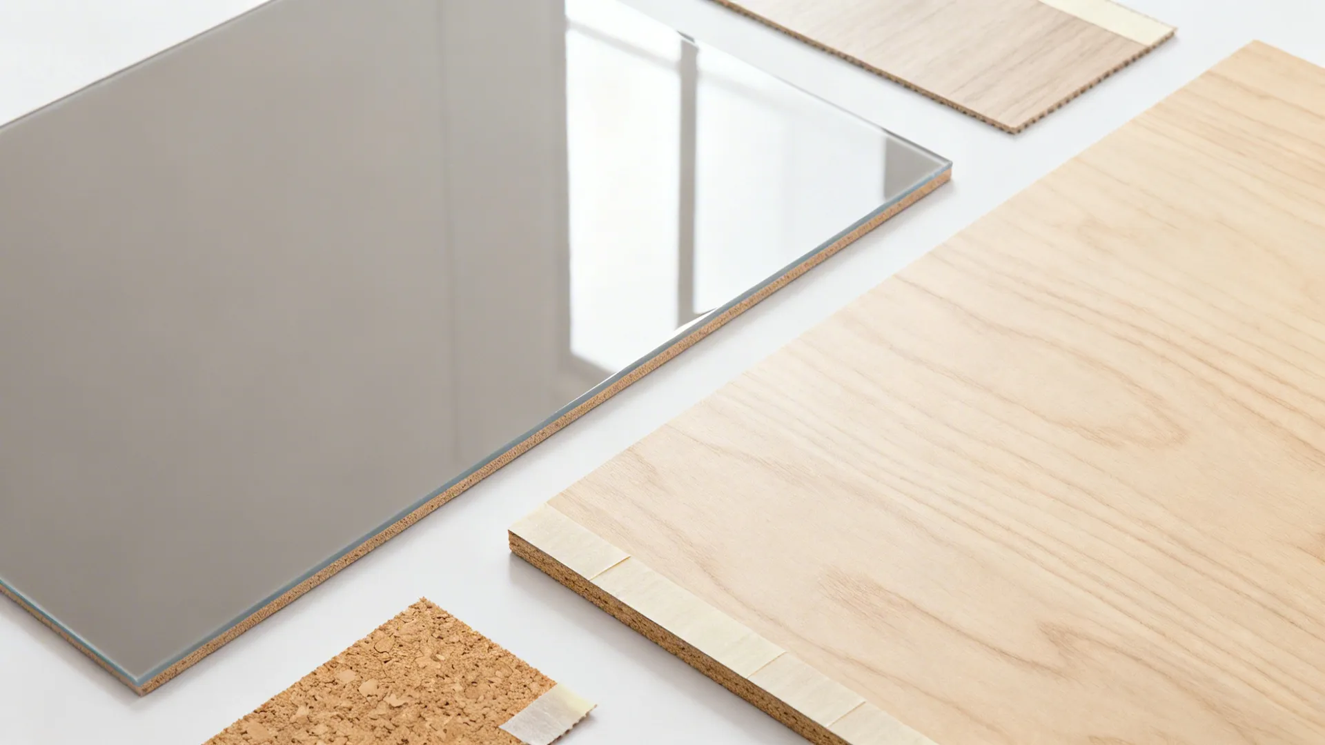 Flat-lay of matte laminate, acrylic, and veneer samples over calibrated plywood.