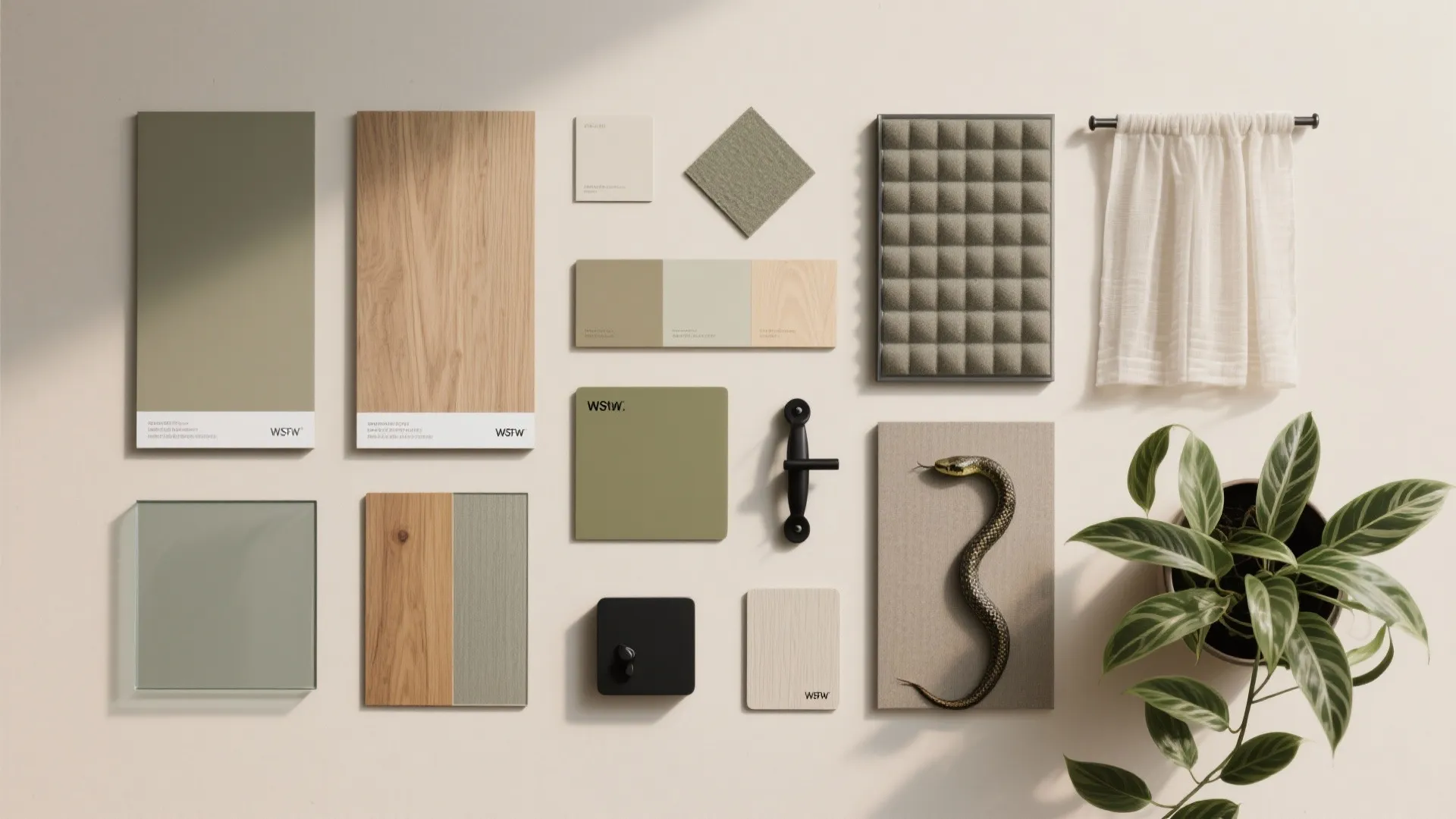 Interior design mood board with wood samples, green paint swatches, fabric, metal handle, and plant