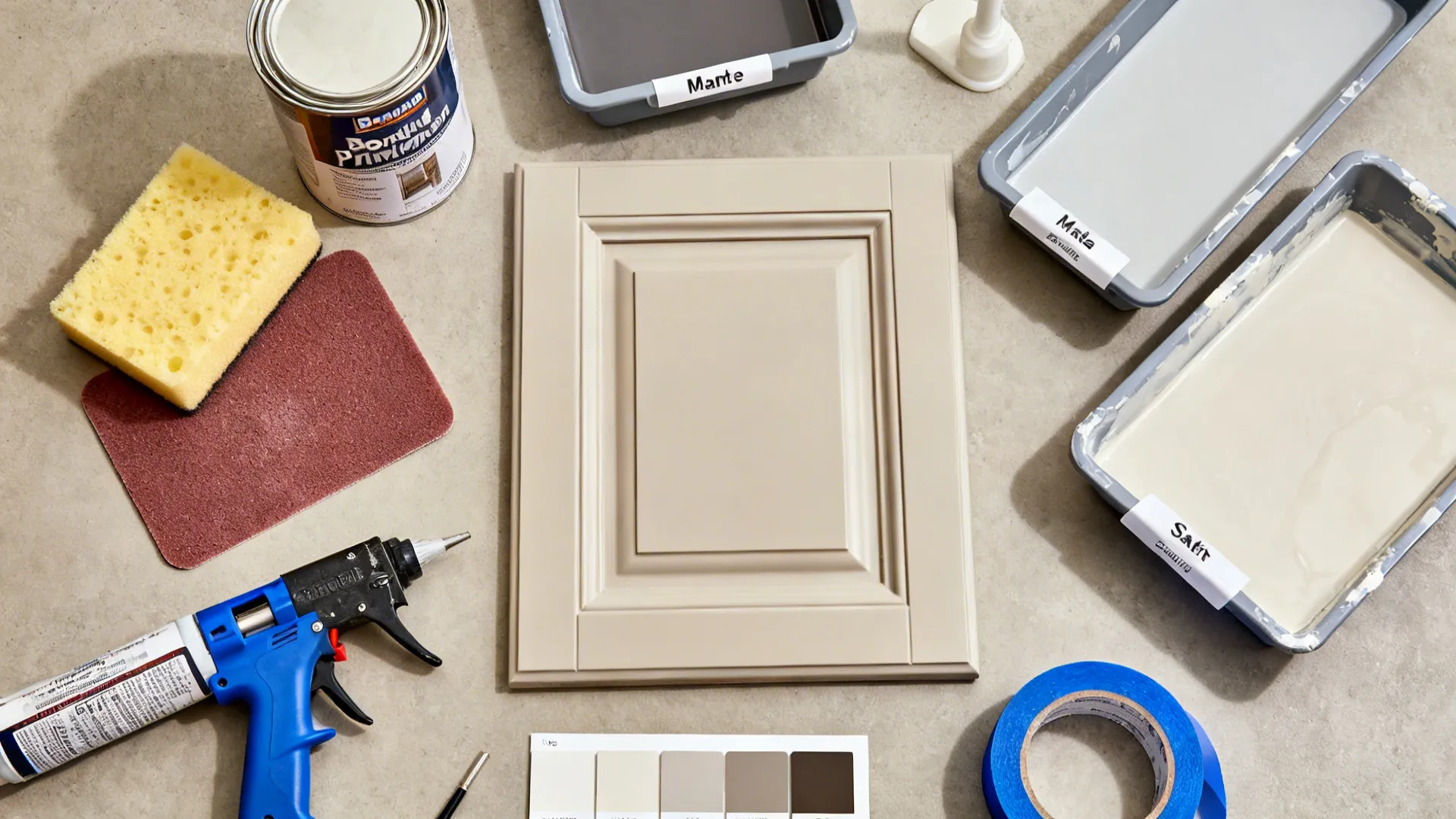 Cabinet door renovation supplies including paint trays, sponge, sandpaper, blue tape, and a caulk gun