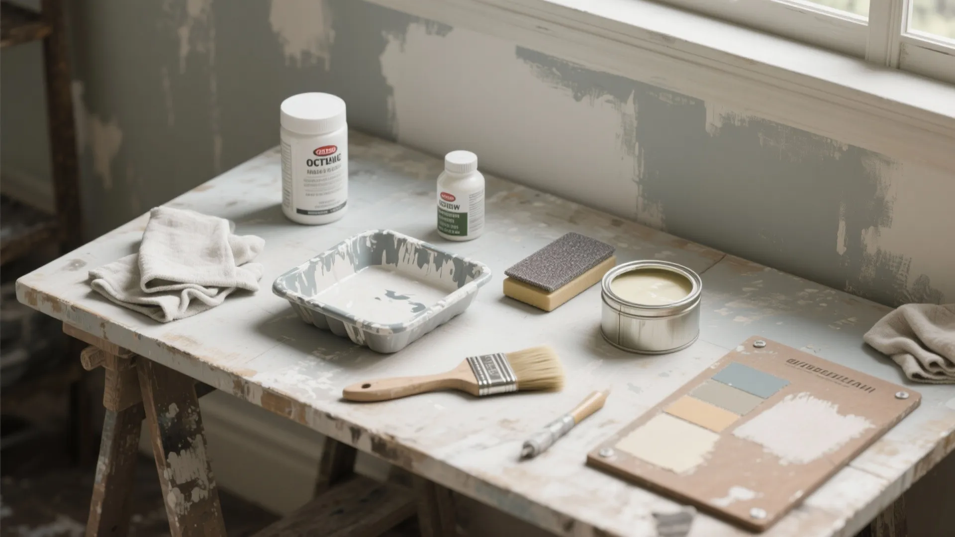 Wooden table with painting tools including brushes paint tray color swatches and jars for home renovation