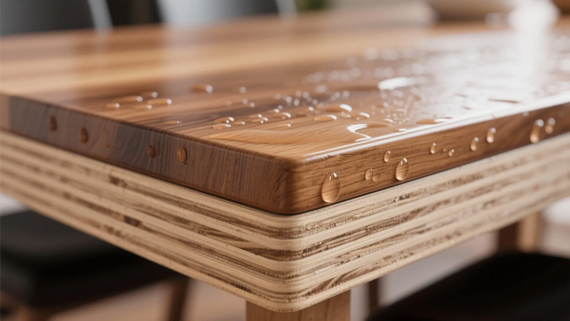 Close up shot of water droplets on a smooth wood table surface showing waterproof finish protection