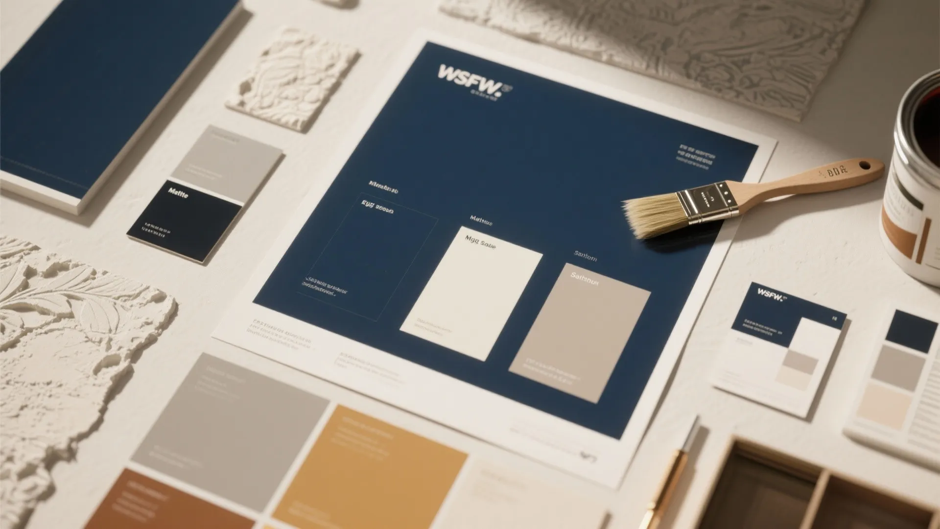 Interior design color palette board with paint brush and various material samples on a table