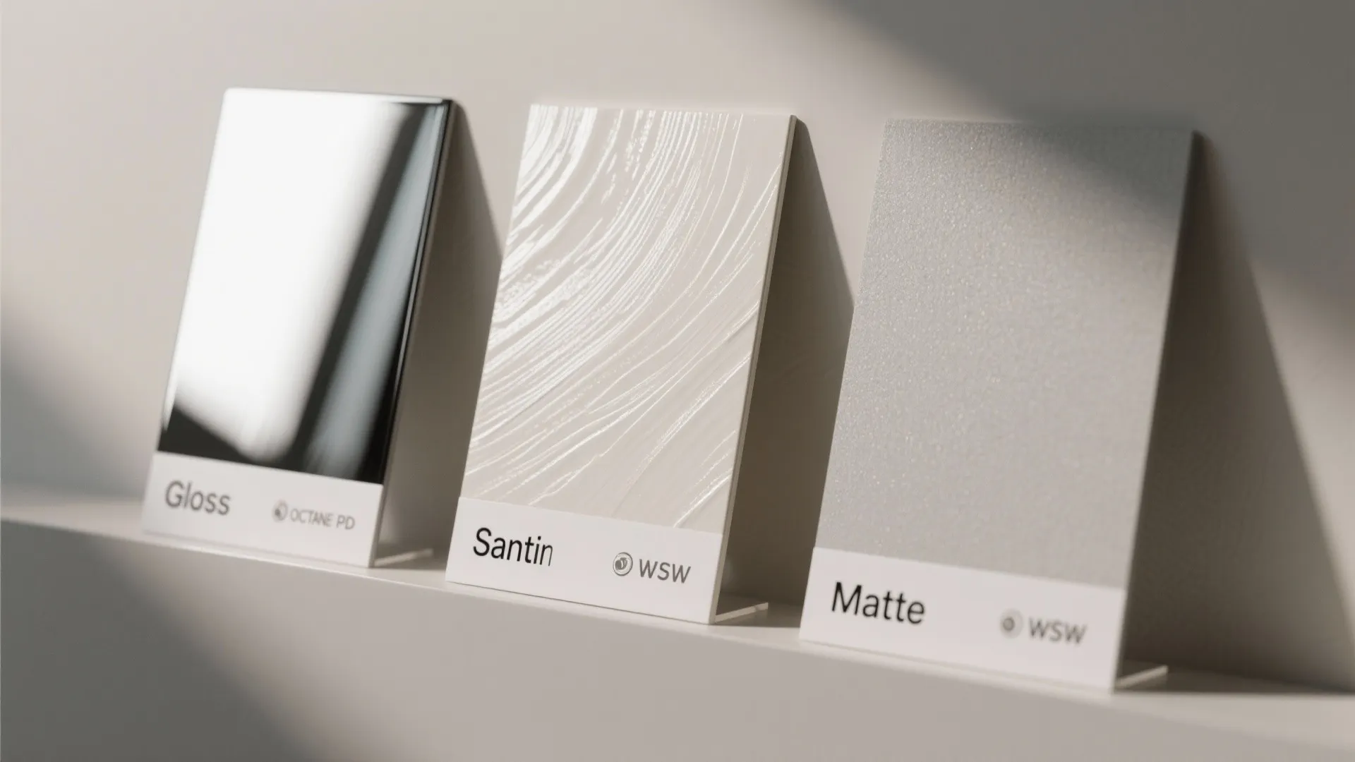 Three material samples showing gloss satin and matte finishes for interior design and wall painting