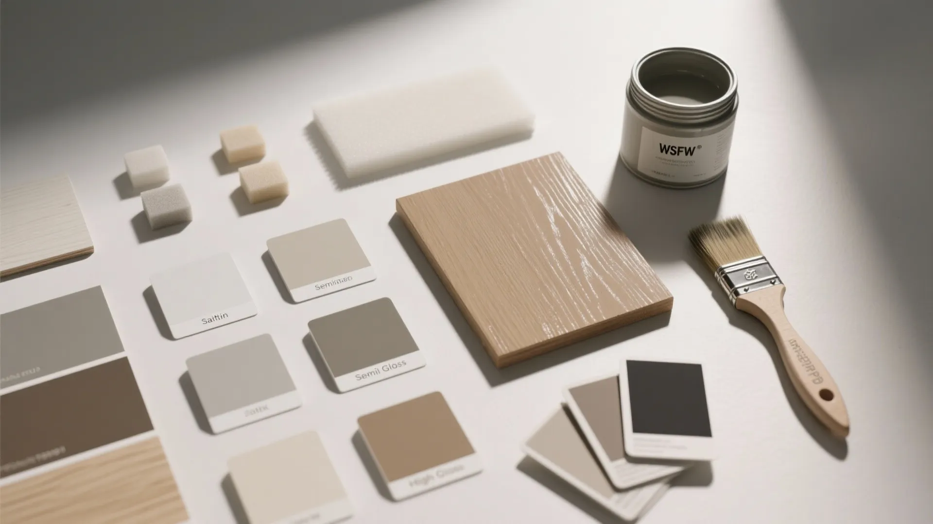 Interior design paint color cards with wood texture sample brush and grey wall paint jar