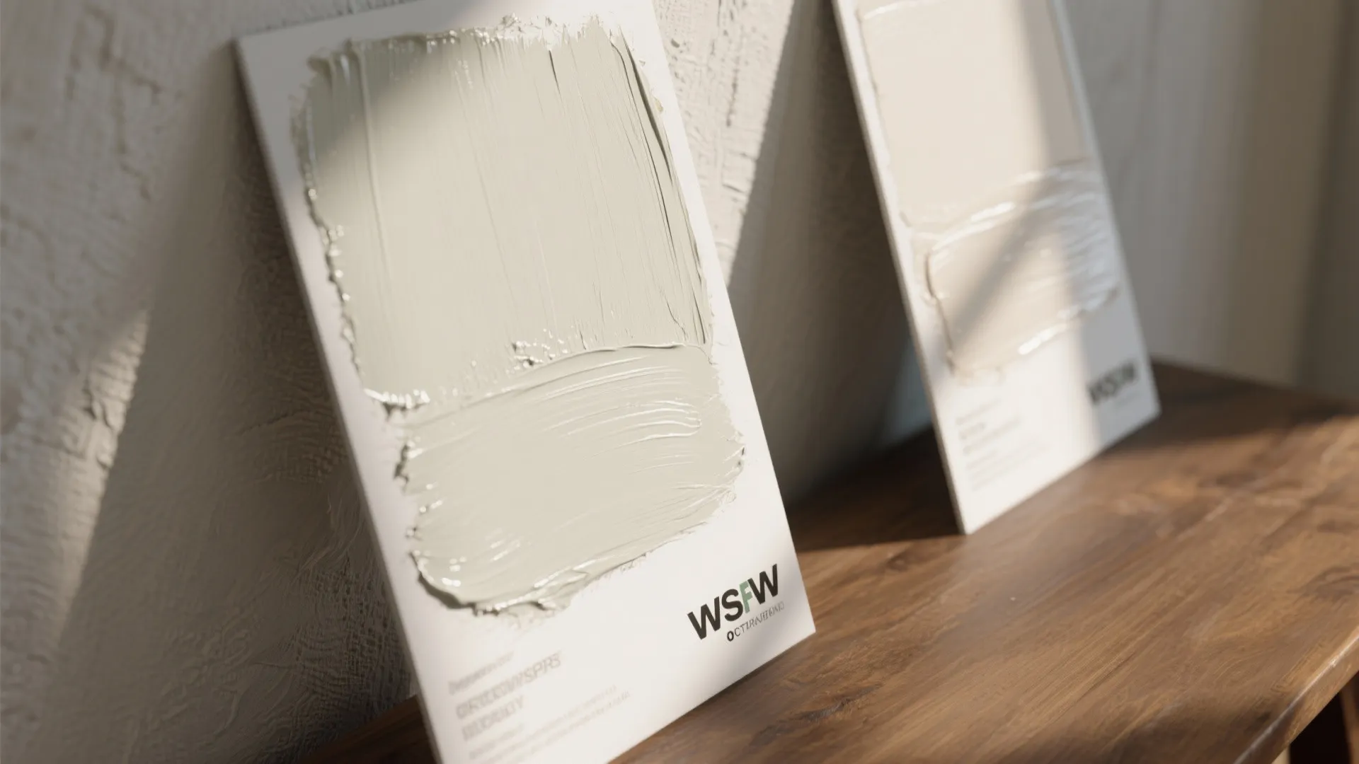 Two paint sample cards with textured light green and beige colors on a wooden table