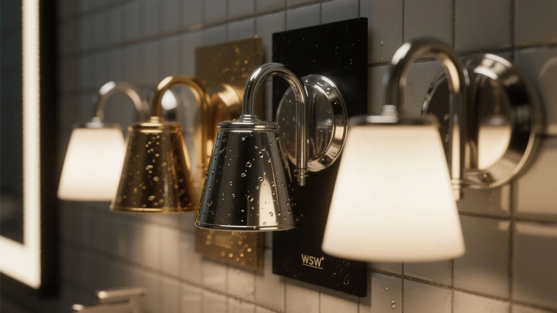 Row of metal wall lights in gold and silver finishes mounted on white tiled bathroom wall