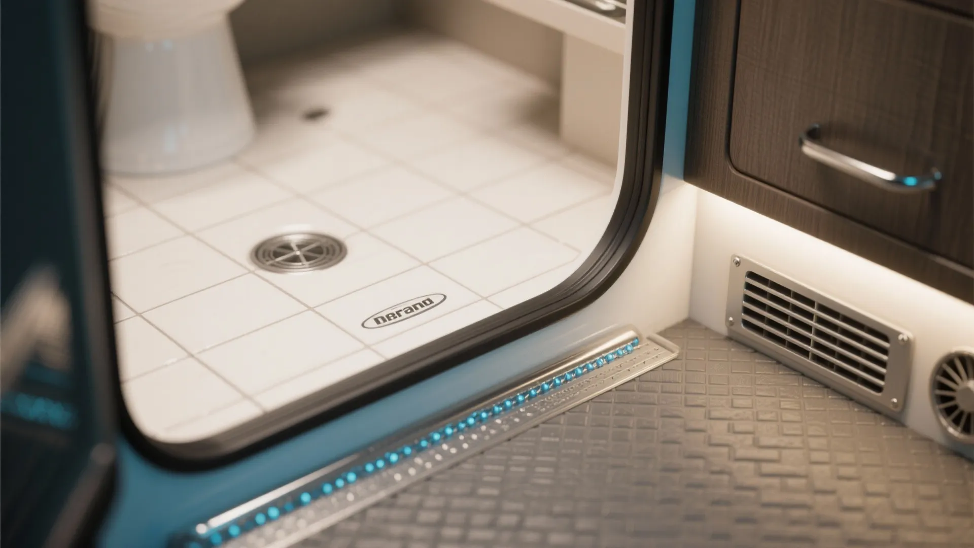 Close-up of marine-grade finish samples and ventilation components for RV bathrooms