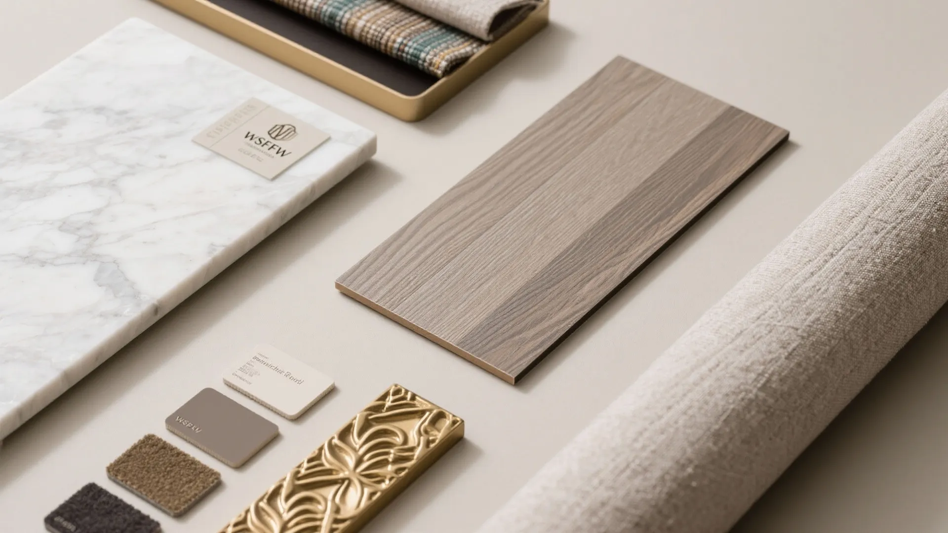 Flatlay of engineered quartz, vinyl plank, and performance fabric swatches for durable upscale finishes.