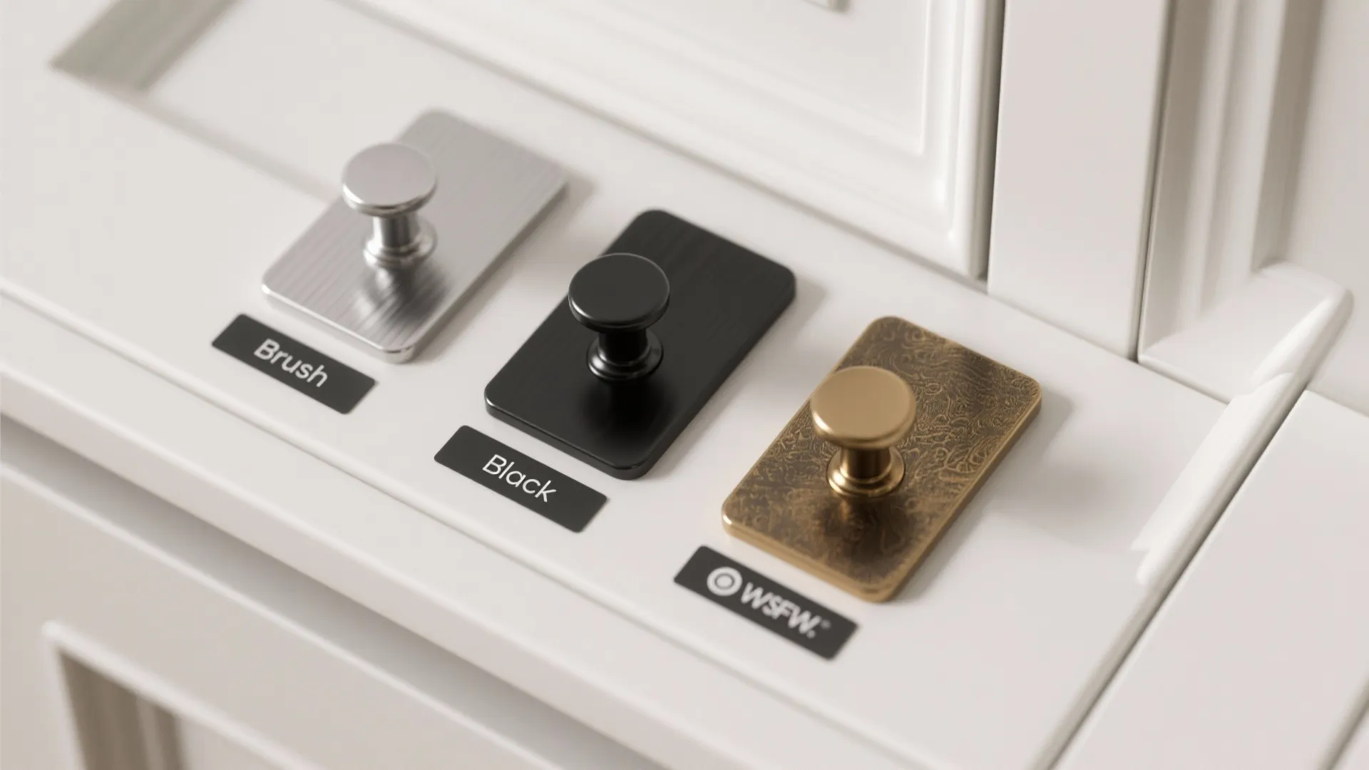 Three different cabinet knobs in silver black and gold finishes on a white wooden surface
