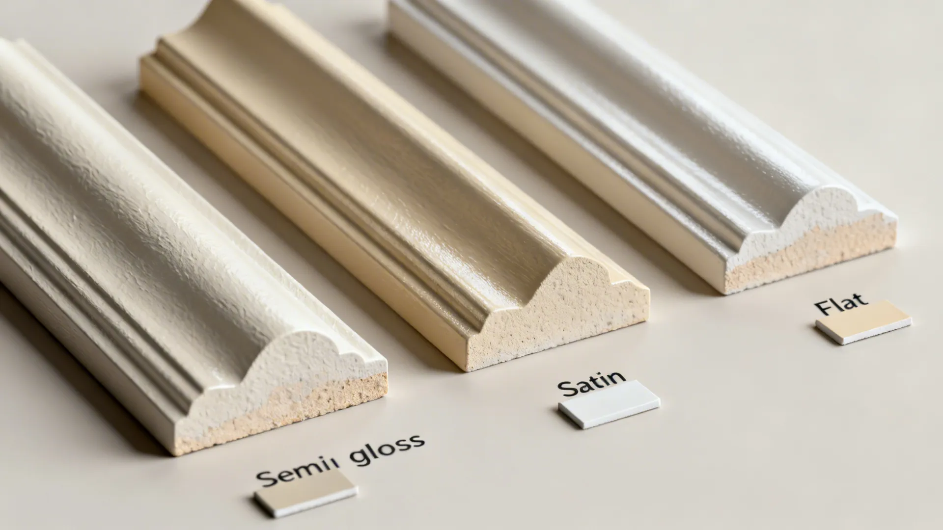 Close-up of semi-gloss, satin and flat paint finish samples on molding trim pieces.
