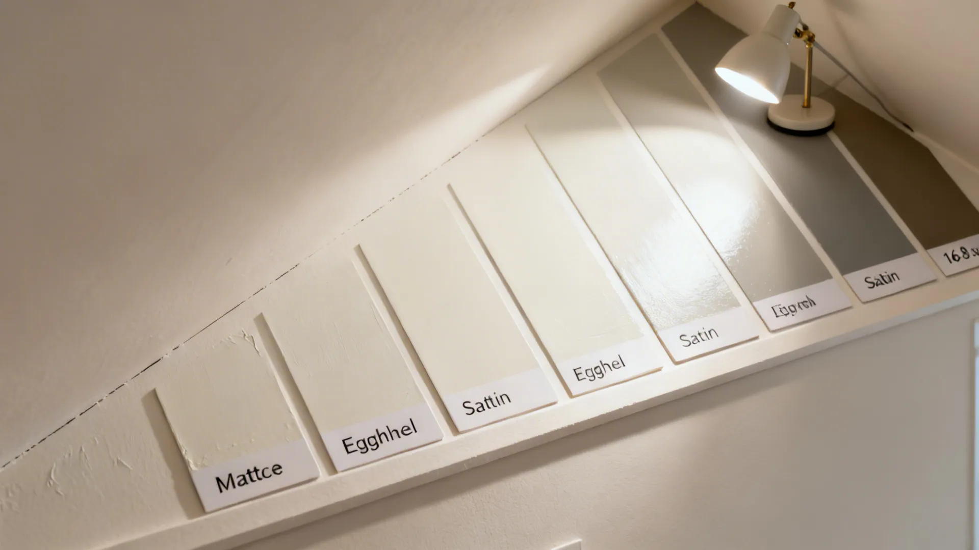 Paint finish samples on a mock slanted ceiling panel showing matte, eggshell, and satin under lamp light