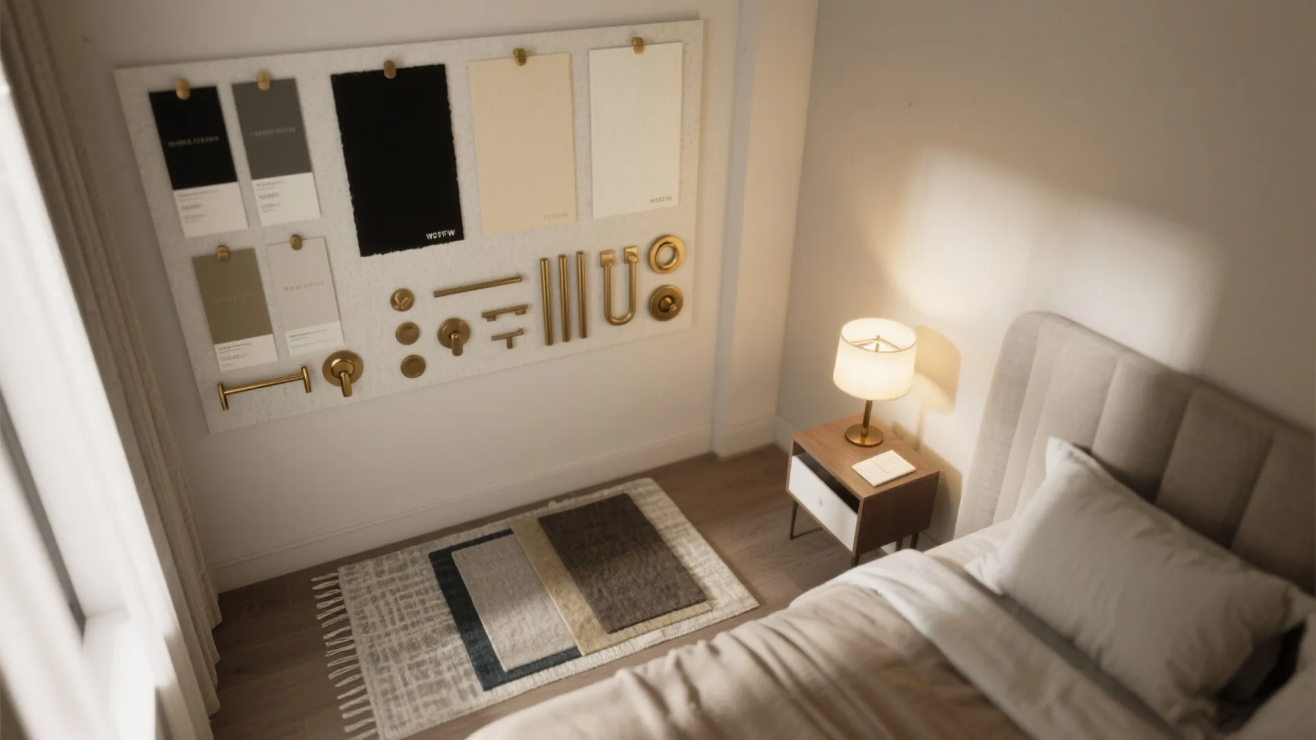 Overhead moodboard with paint swatches, gold hardware samples, and lighting tests.