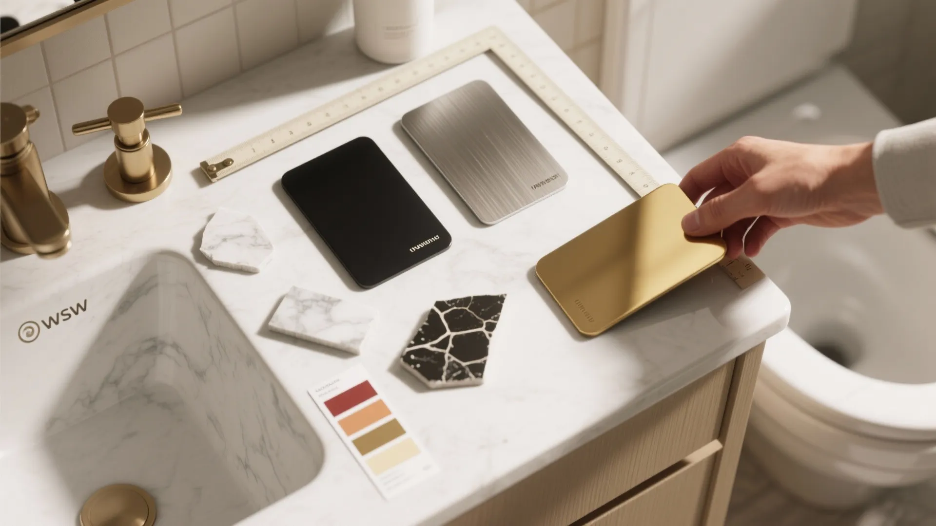 Hand picking gold metal sample from white marble bathroom counter with various material finish plates nearby