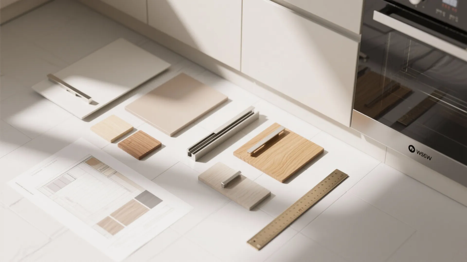 Interior design drawing with wood samples cabinet handles and a ruler on a white floor