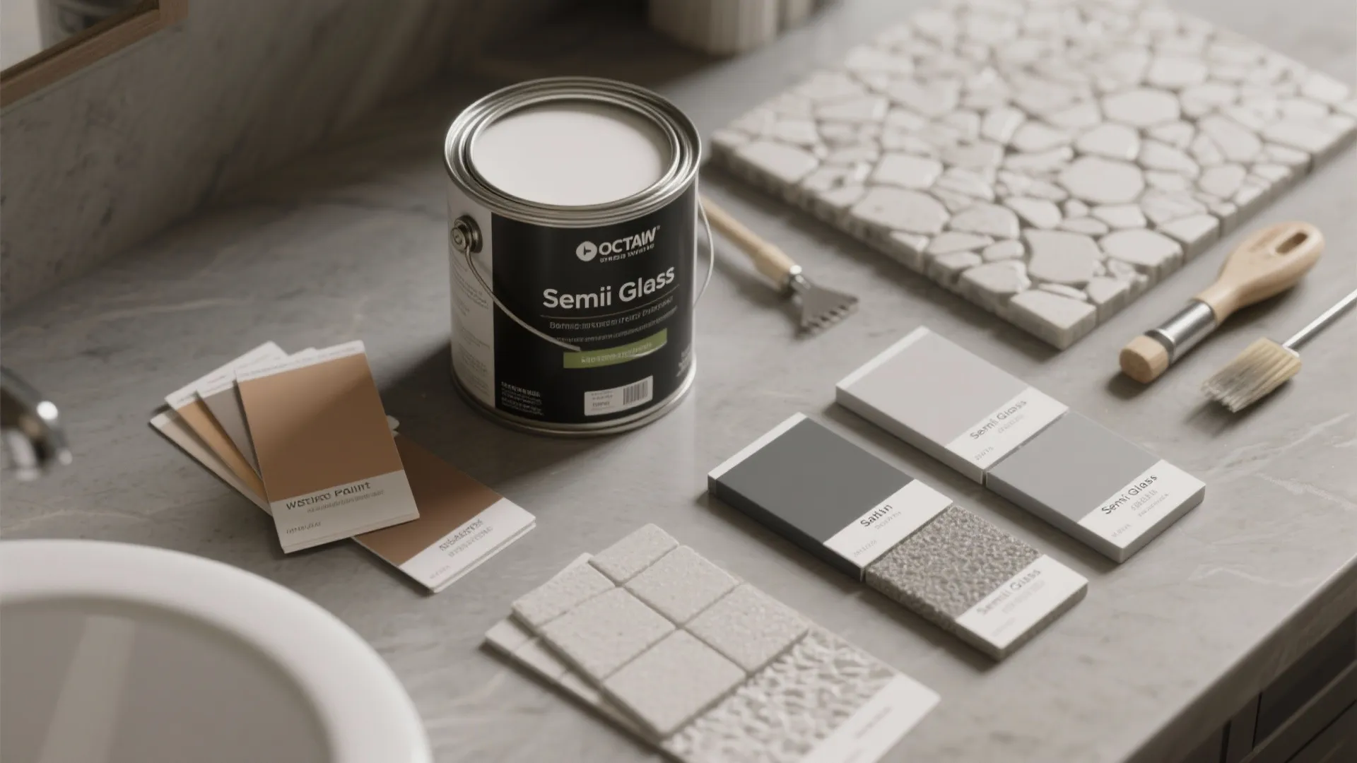 Flatlay of paint and finish samples showing semi-gloss and gray swatches for bathroom use