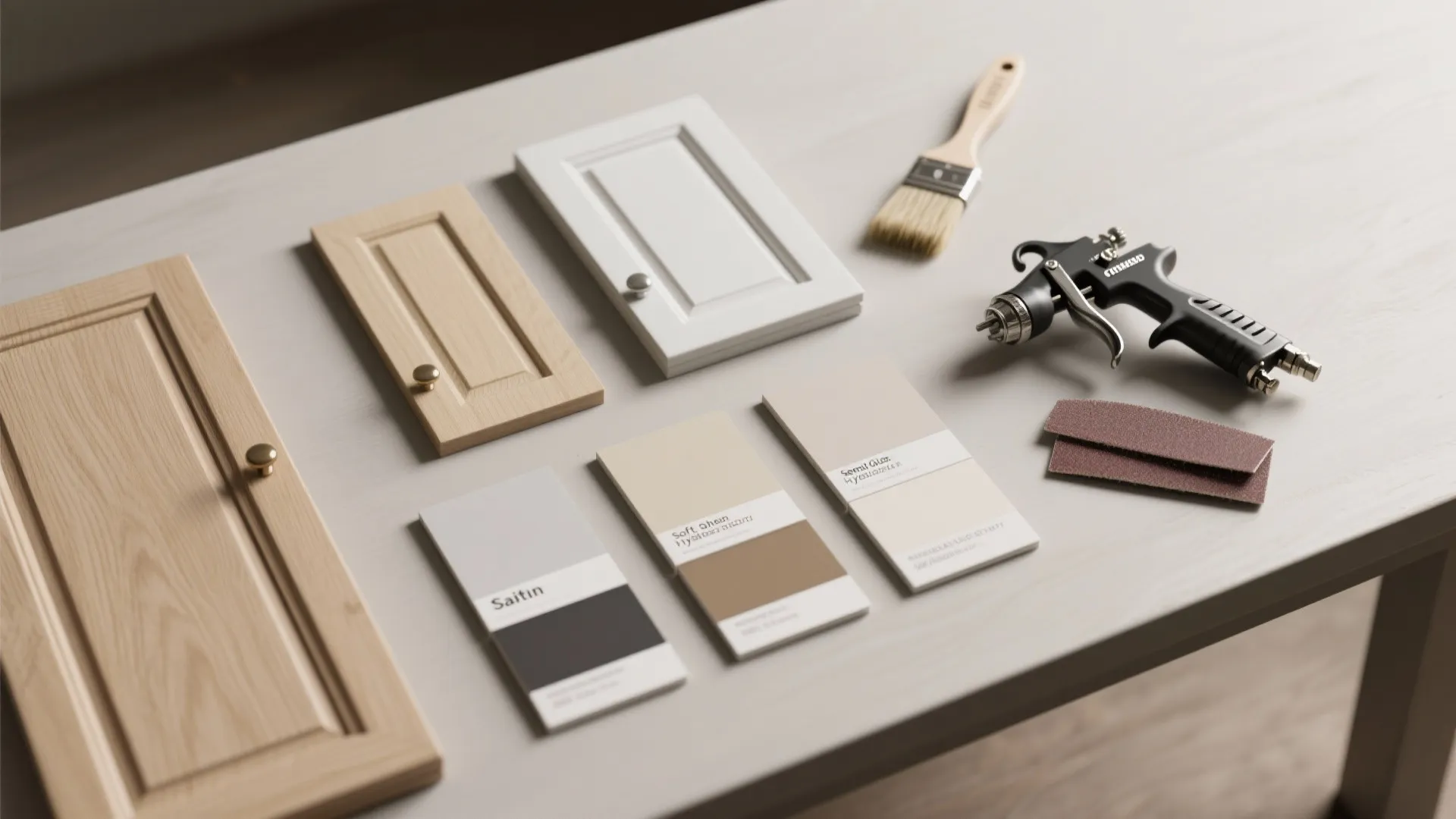 Cabinet door samples with paint color cards plus a brush and spray gun on table