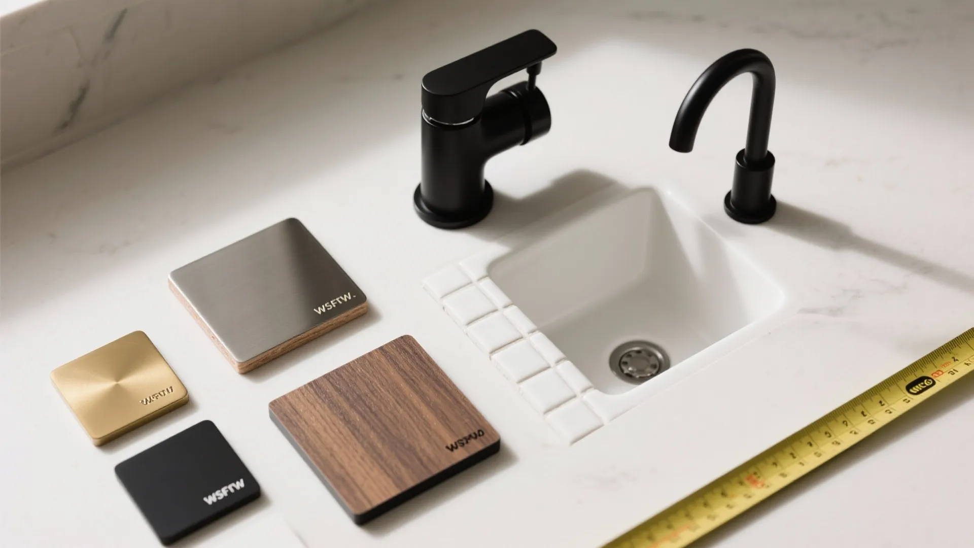 Flat lay of square material samples in wood metal and black beside a small white sink
