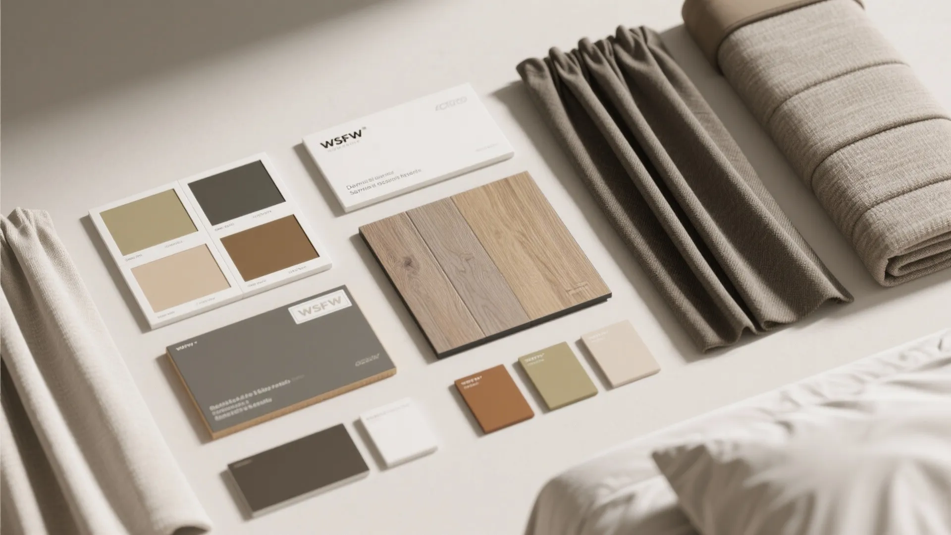 Flatlay of durable finish samples: paint, vinyl plank, upholstery, blackout fabric and bedding swatches for rentals.