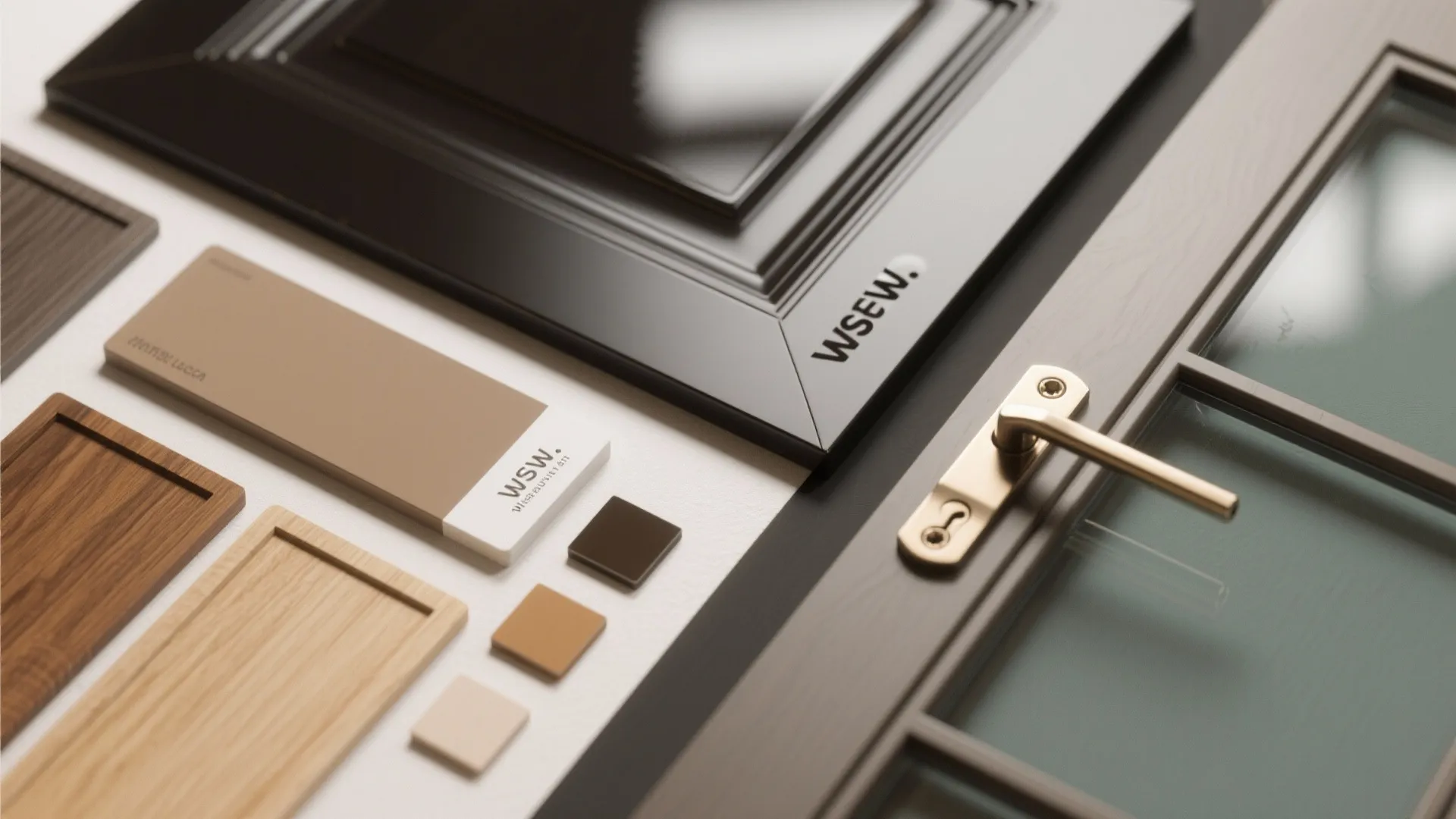 Material flatlay with lacquer, metal frame, tempered glass, and hinge samples for restaurant-style doors.