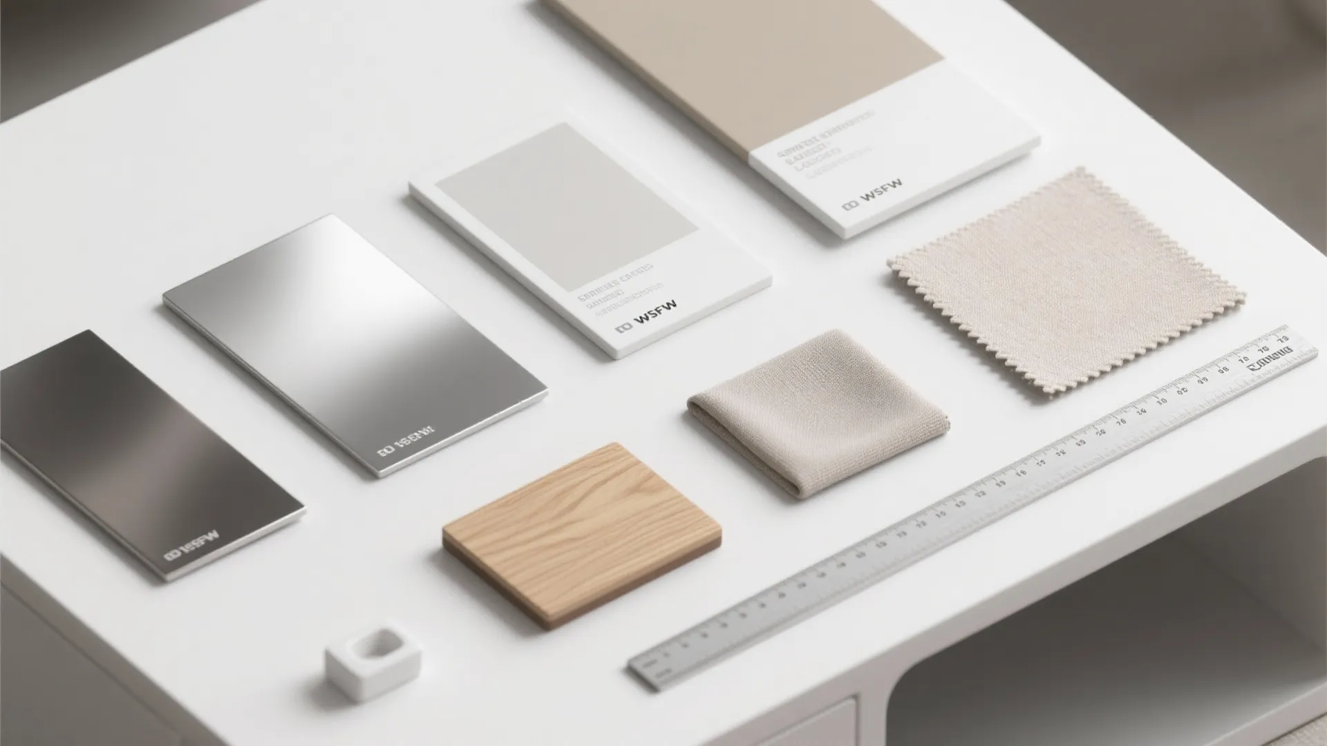 Flatlay of white table finish samples, swatches, and measuring tape for layout planning