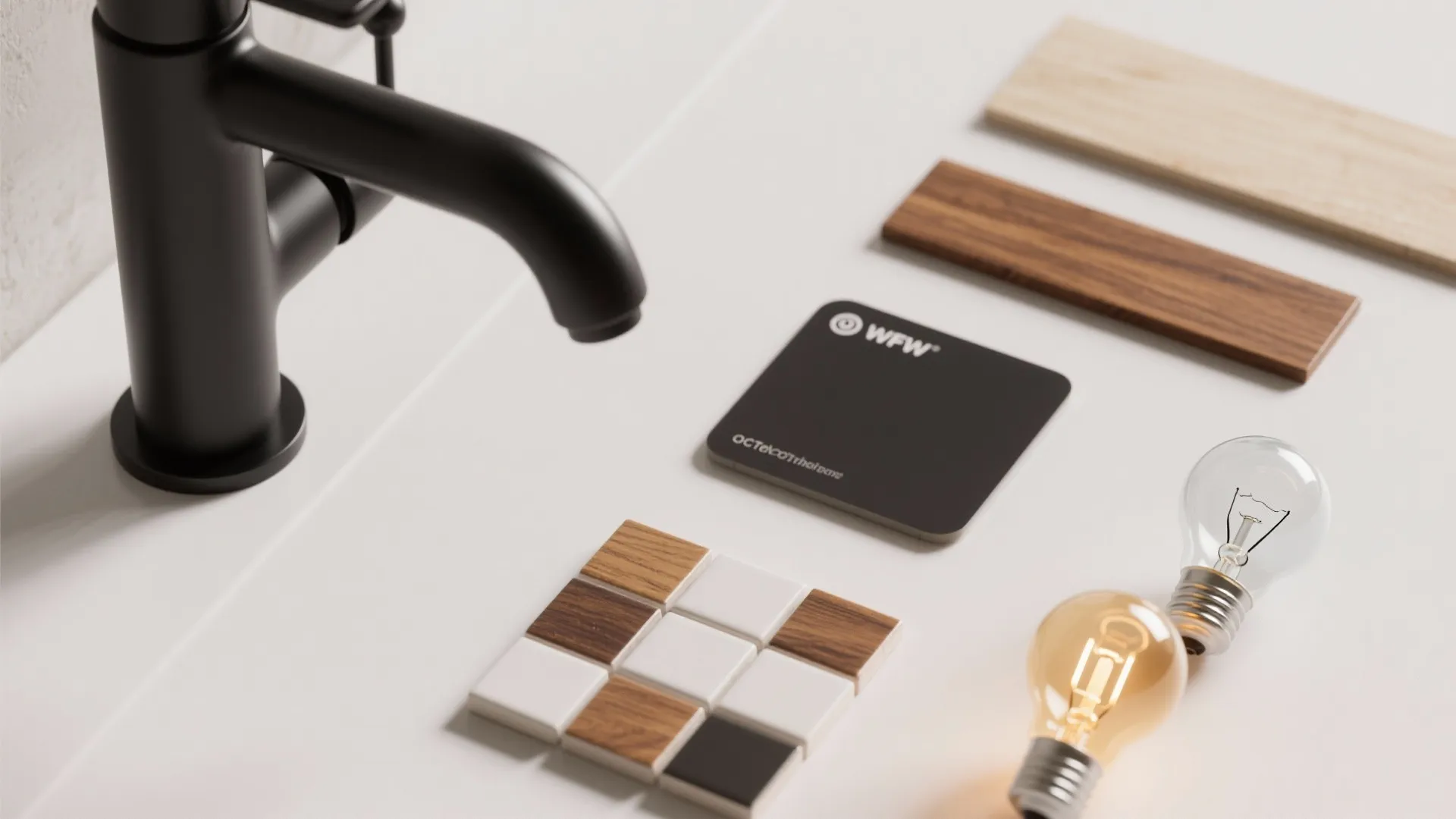 Flat lay of black faucet wood samples tile pieces and light bulbs on a white surface