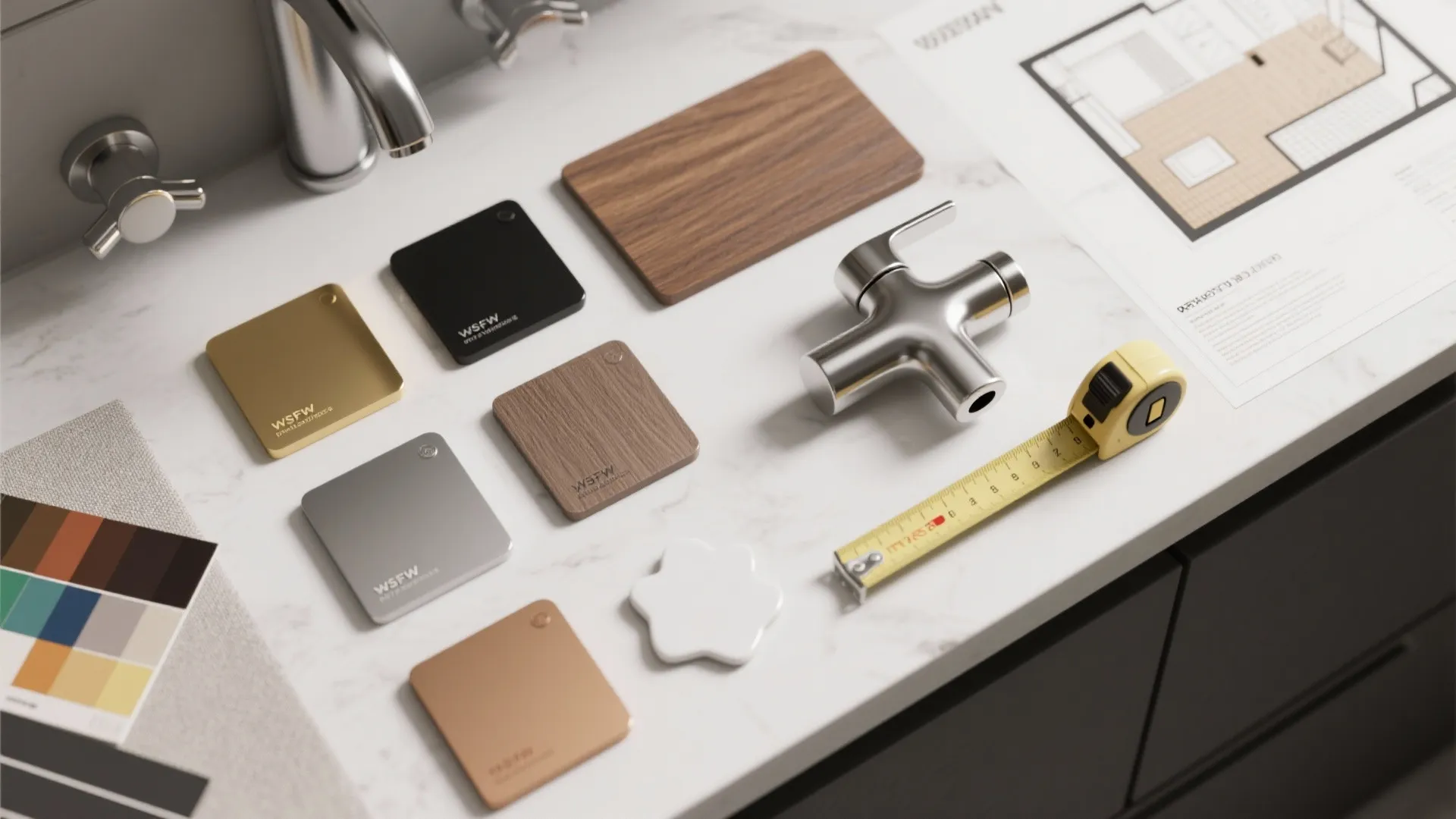 Kitchen material samples showing wood and metal finishes with a yellow measuring tape and drawings