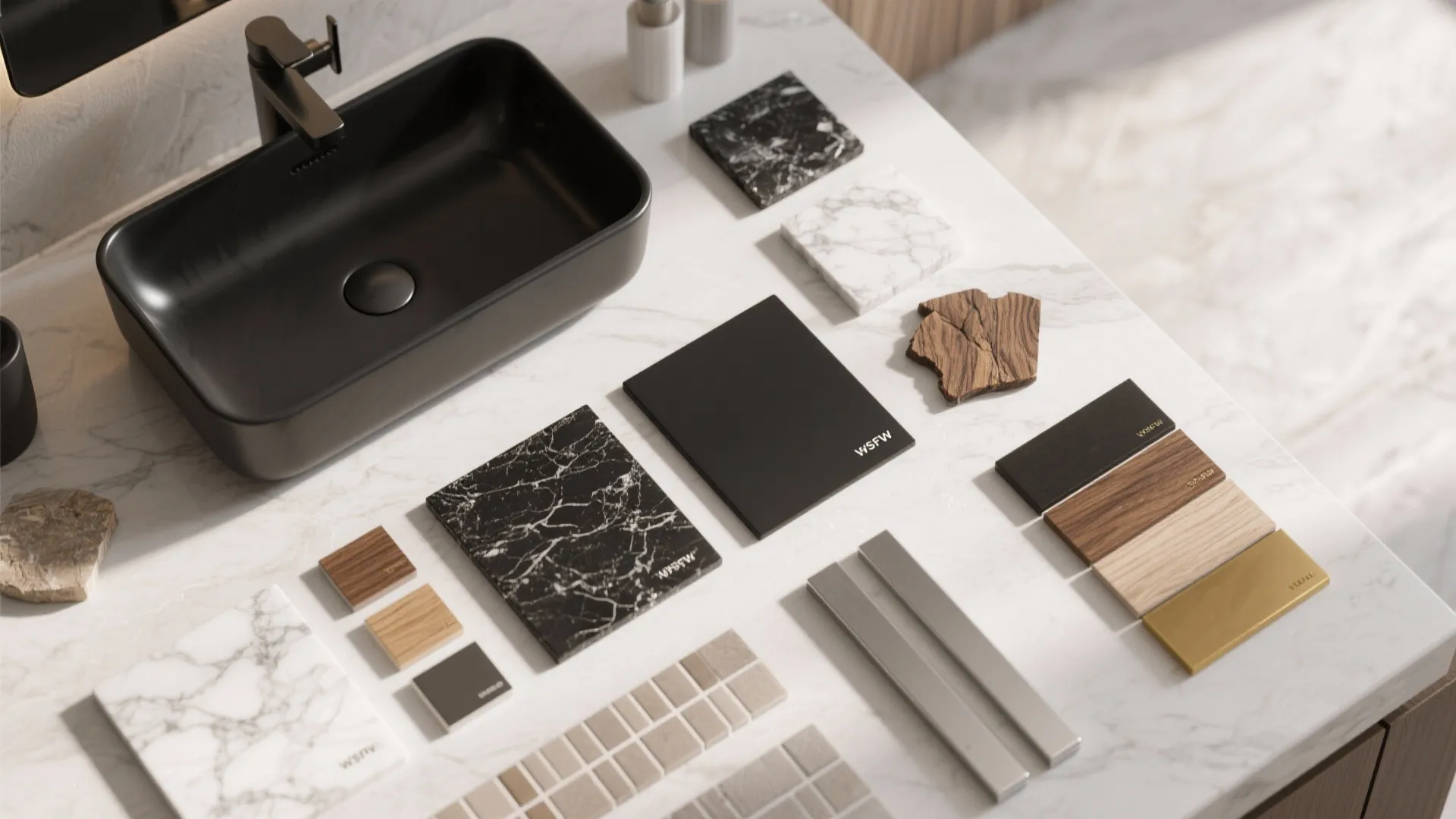 Black bathroom sink on marble counter with wood and stone material samples for interior design