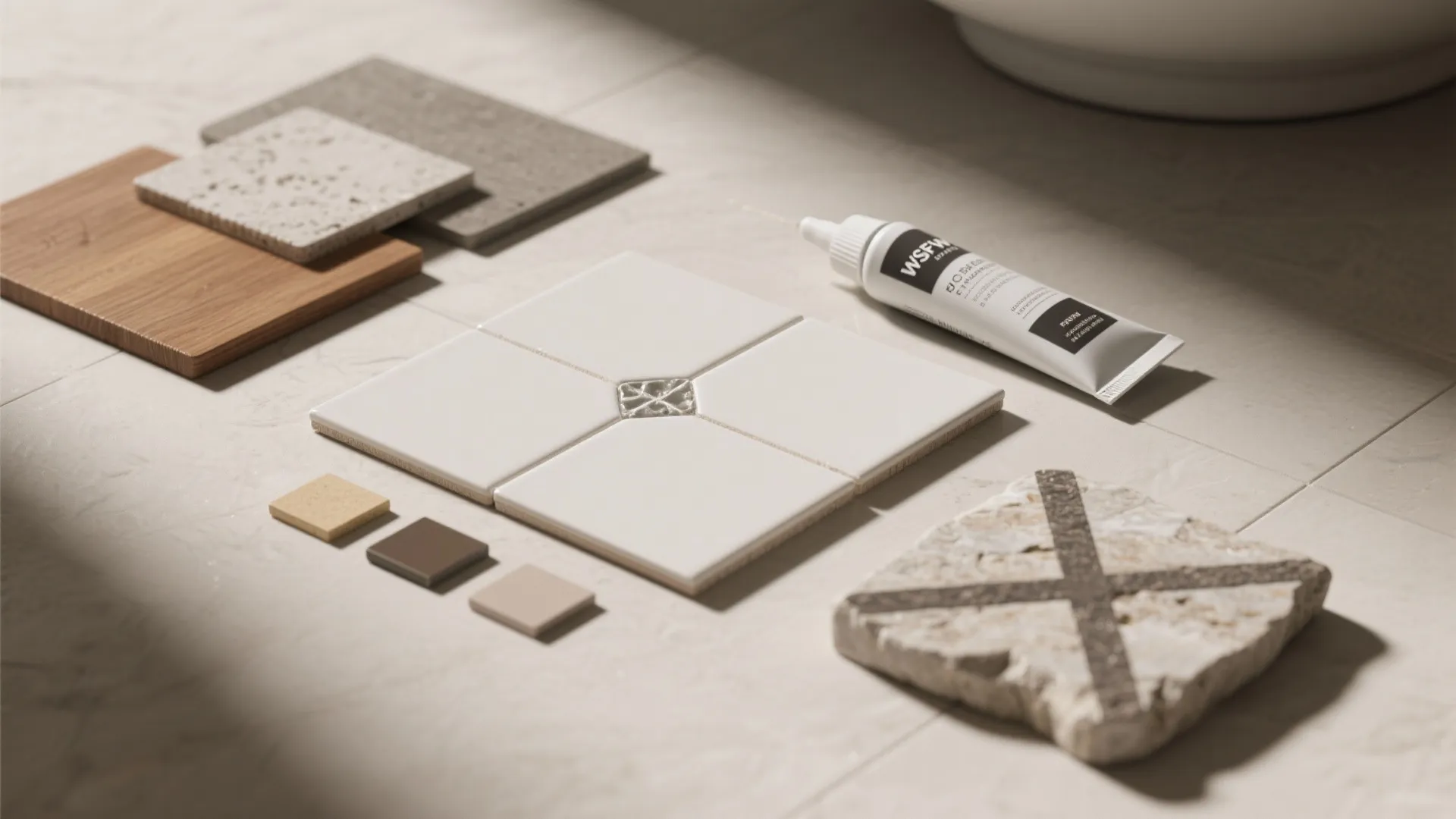 Interior design material samples showing white tiles wood board stone pieces and a glue tube
