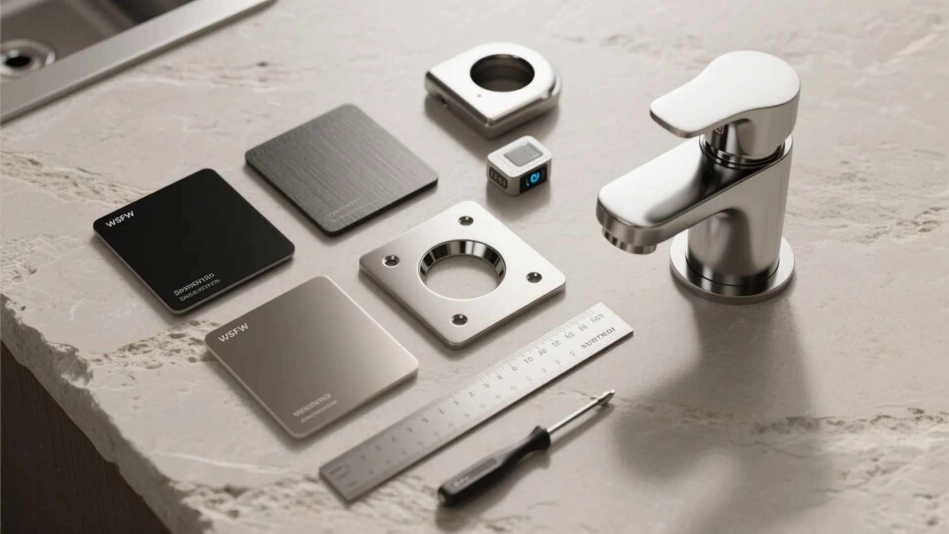 Modern chrome water tap displayed with various tile finish samples and tools on stone countertop surface