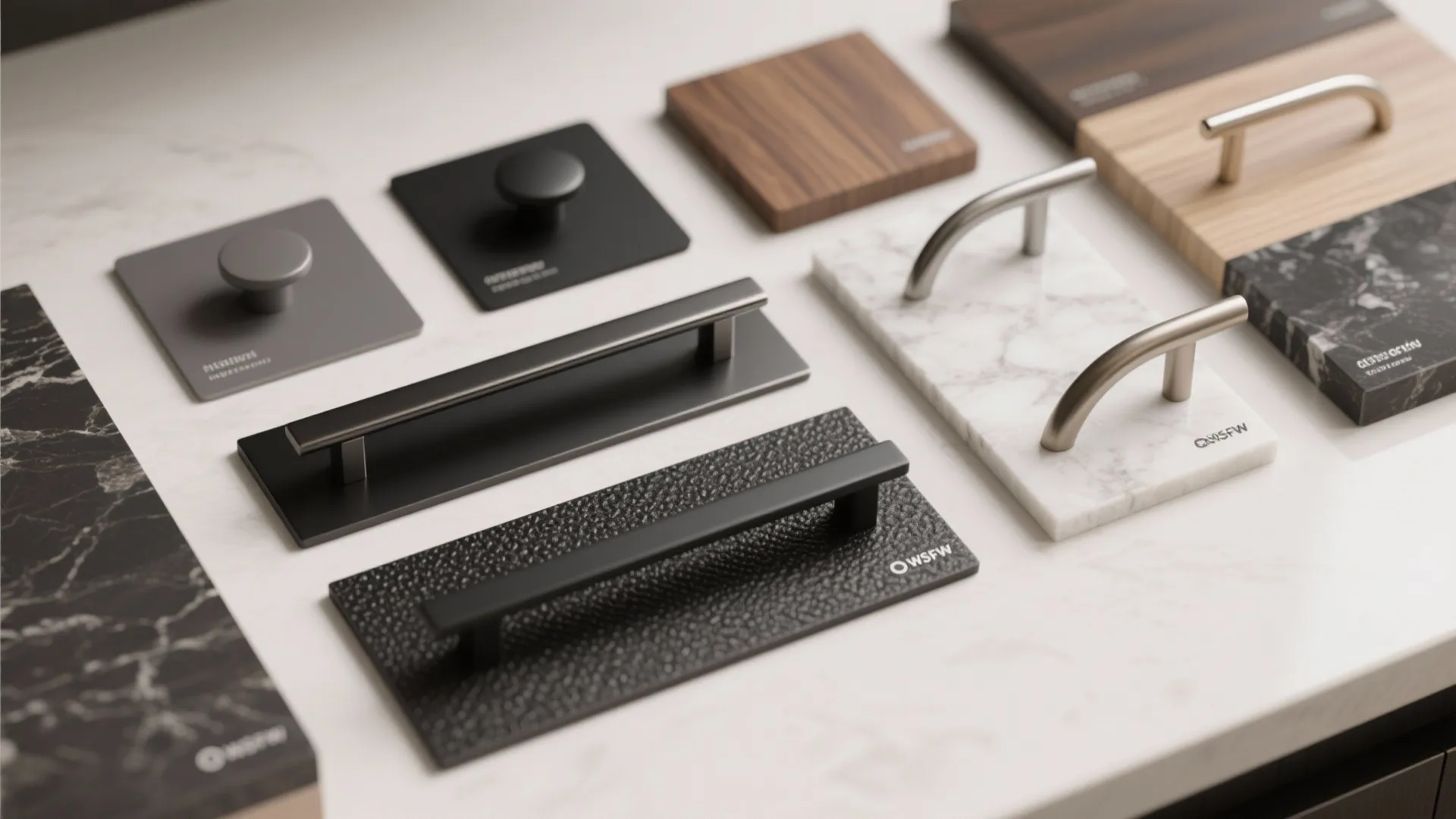 Flatlay of matte, satin, and textured black hardware samples with countertop swatches.