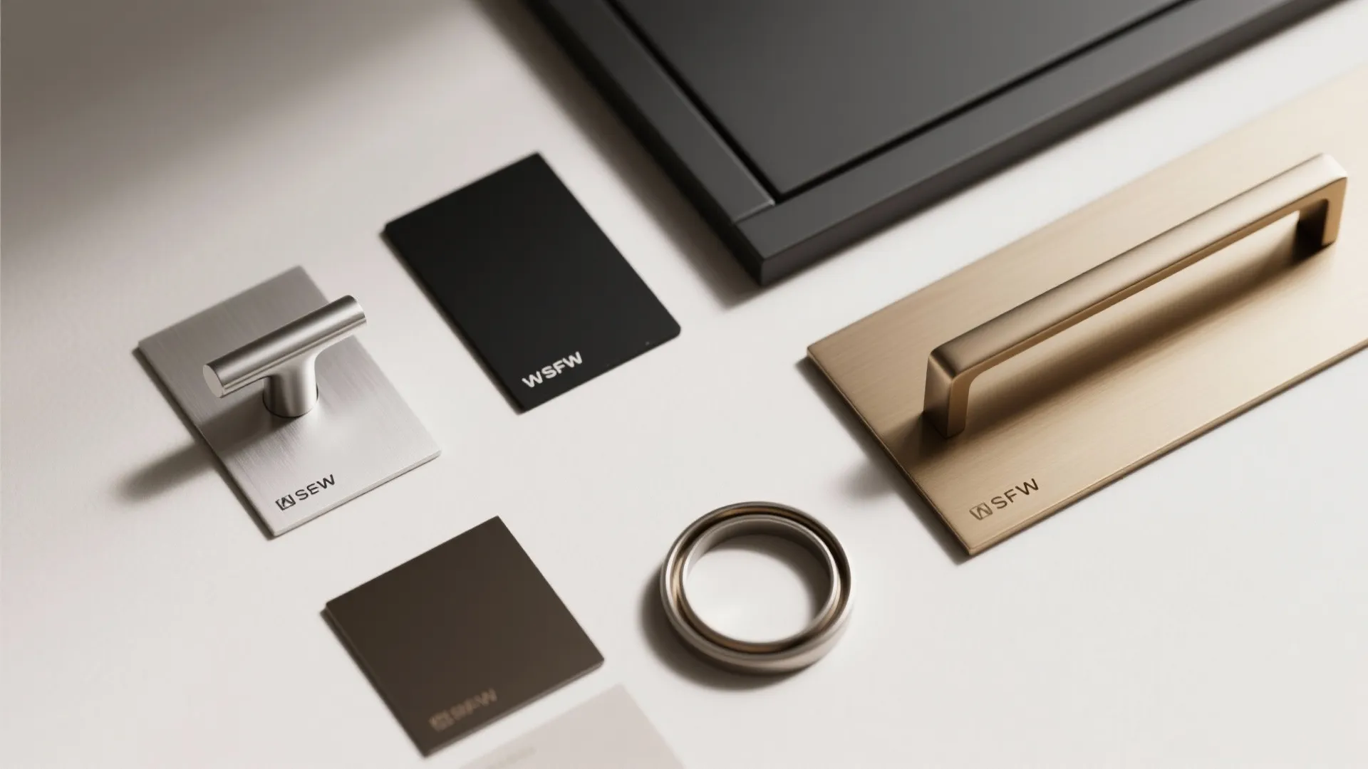 Modern metal handles and material samples in silver and gold for cabinet and drawer hardware