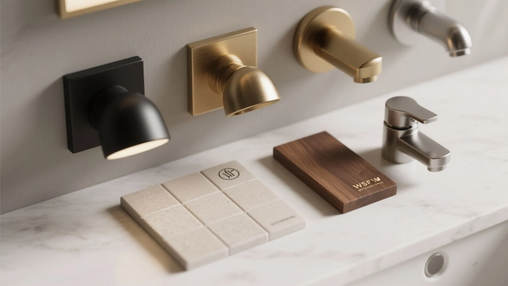 Finish samples of matte black, brushed brass and satin nickel next to wood and tile swatches