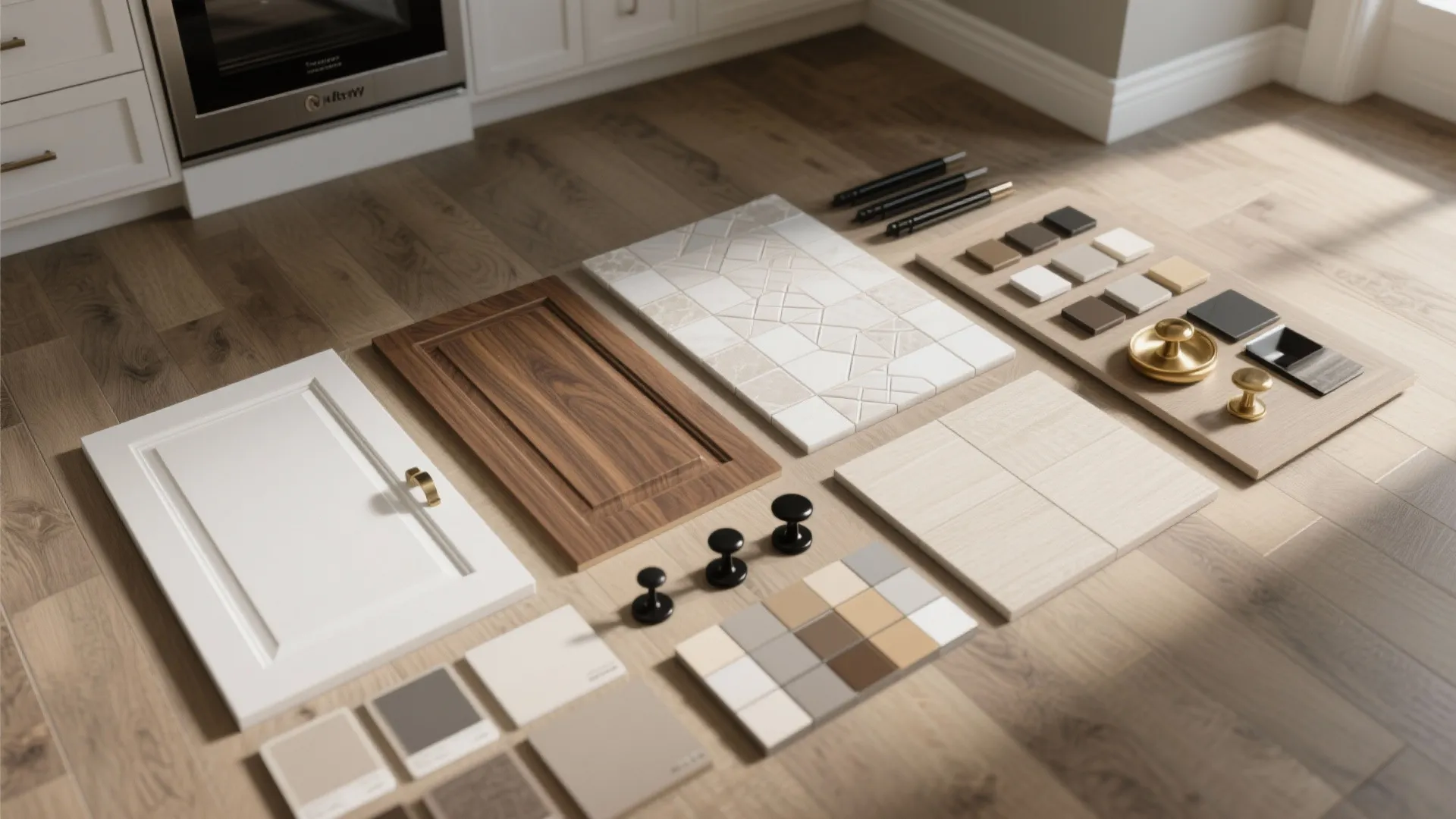 Flatlay of mid-range and high-end finish samples including flooring, cabinet door, tiles and hardware