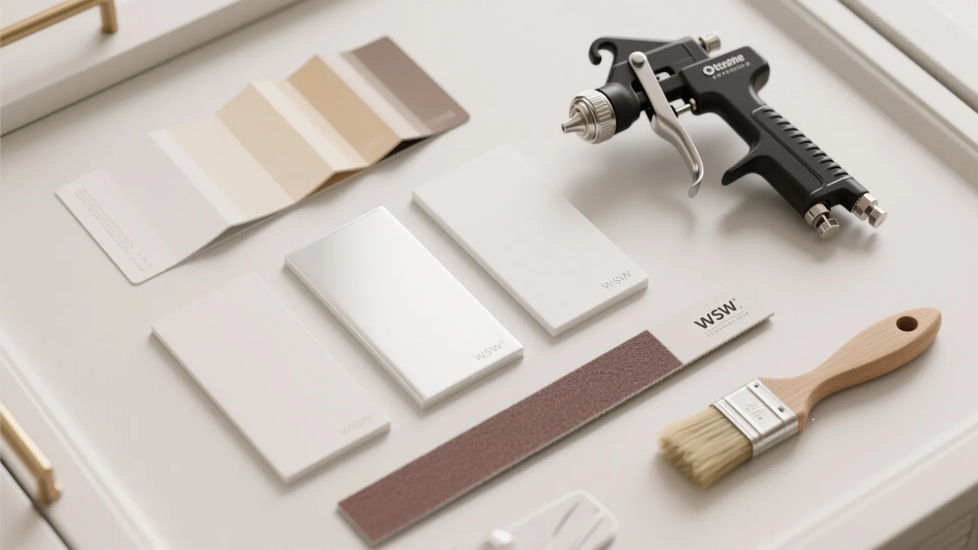 Top-down flatlay of cabinet paint swatches, wood sample, and painting tools for planning finishes.