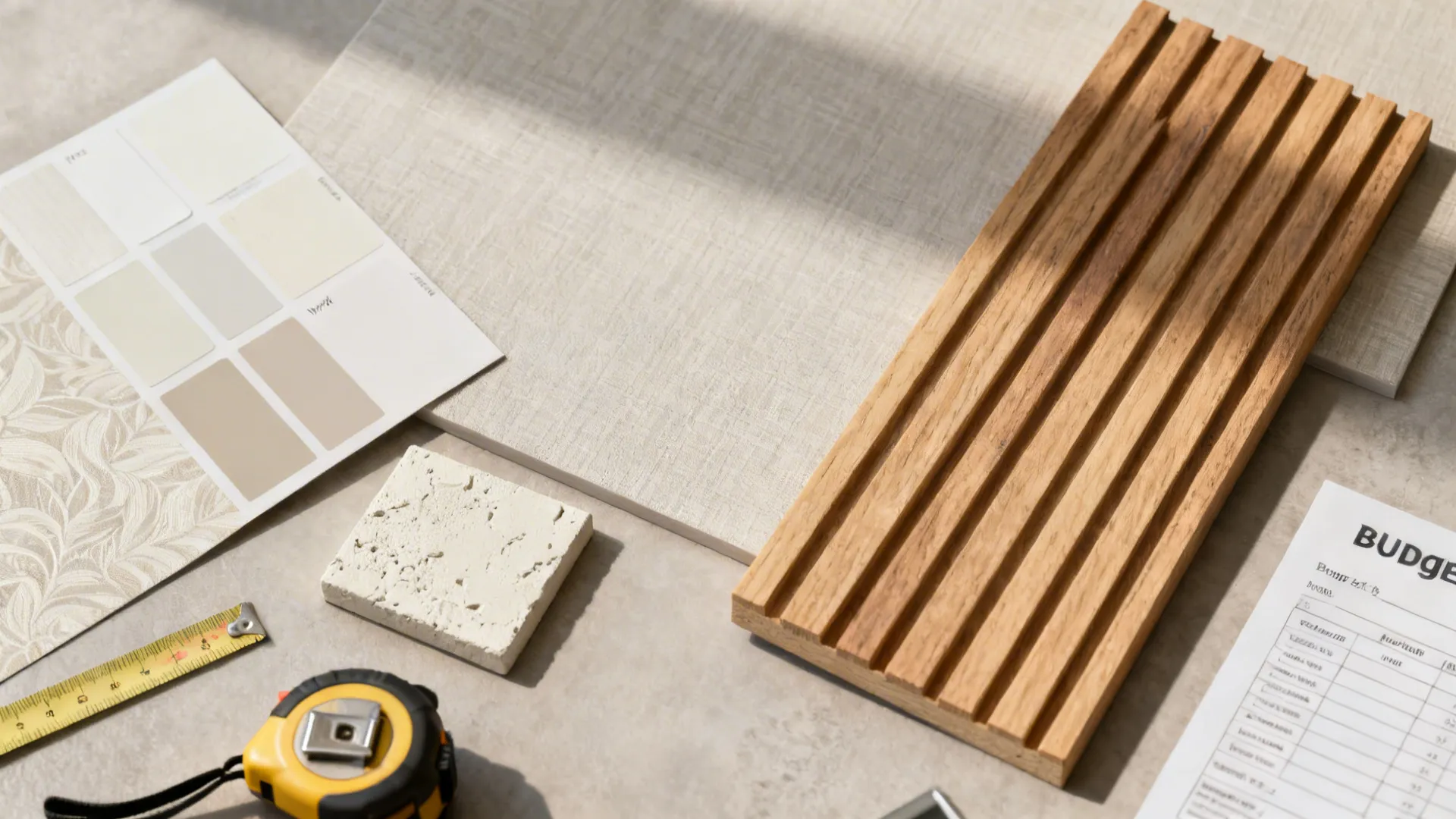 Flatlay of paint chips, wallpaper swatch, wood slat sample and plaster board for accent wall durability comparison