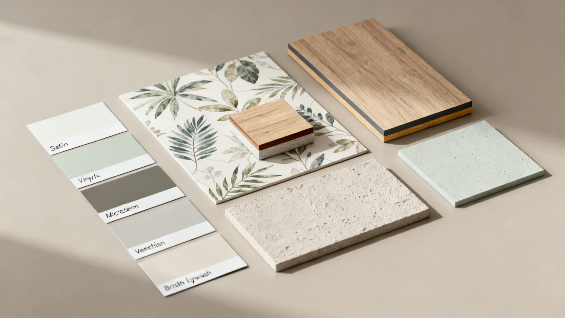 Flatlay of paint, vinyl mural, microcement, wood, and plaster finish samples for bathrooms