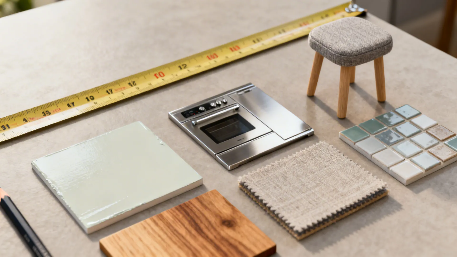 Flatlay of finish samples for a small kitchen: paint swatches, wood veneer, tile and stainless samples.