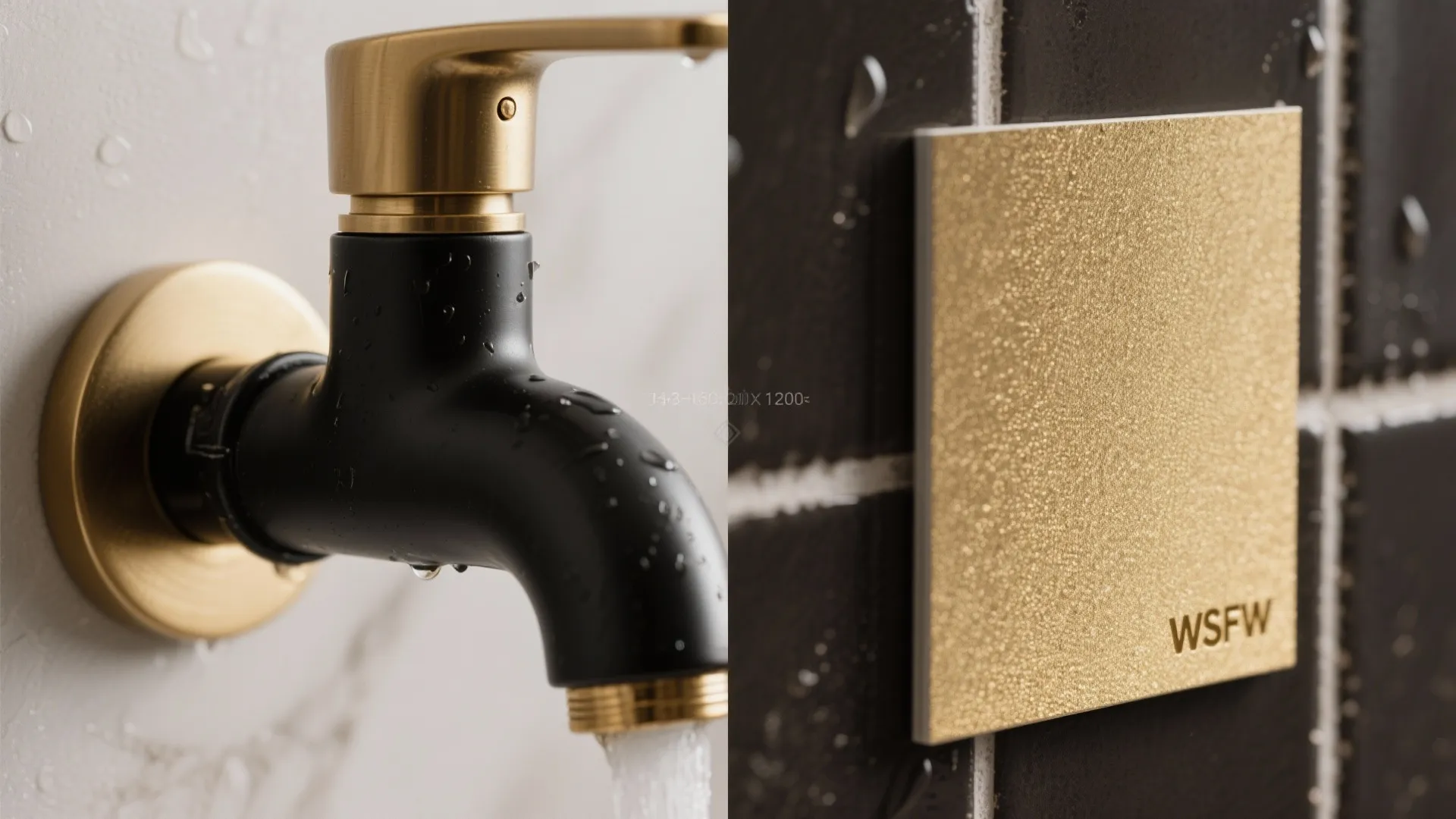 Close up view of a black and gold water tap beside a textured gold wall tile