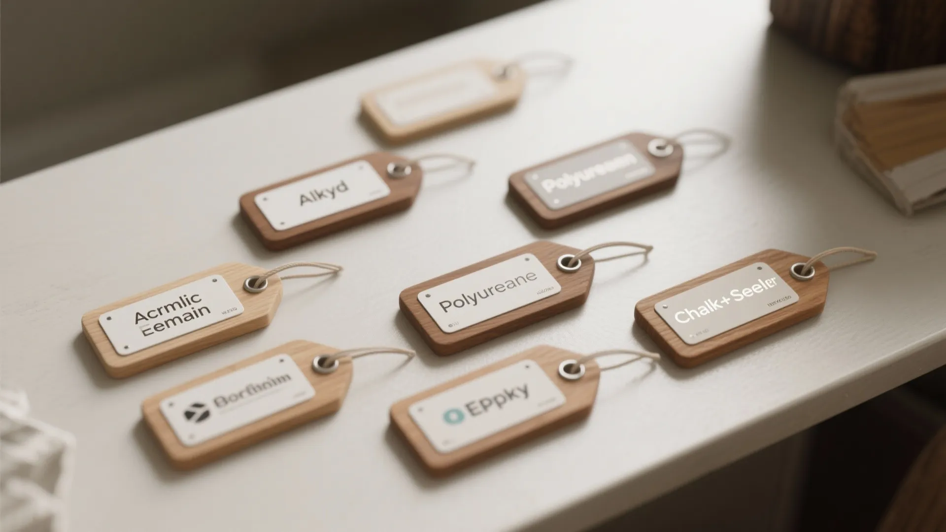 Wooden tags labeled with different table finish types laid out as sample references.