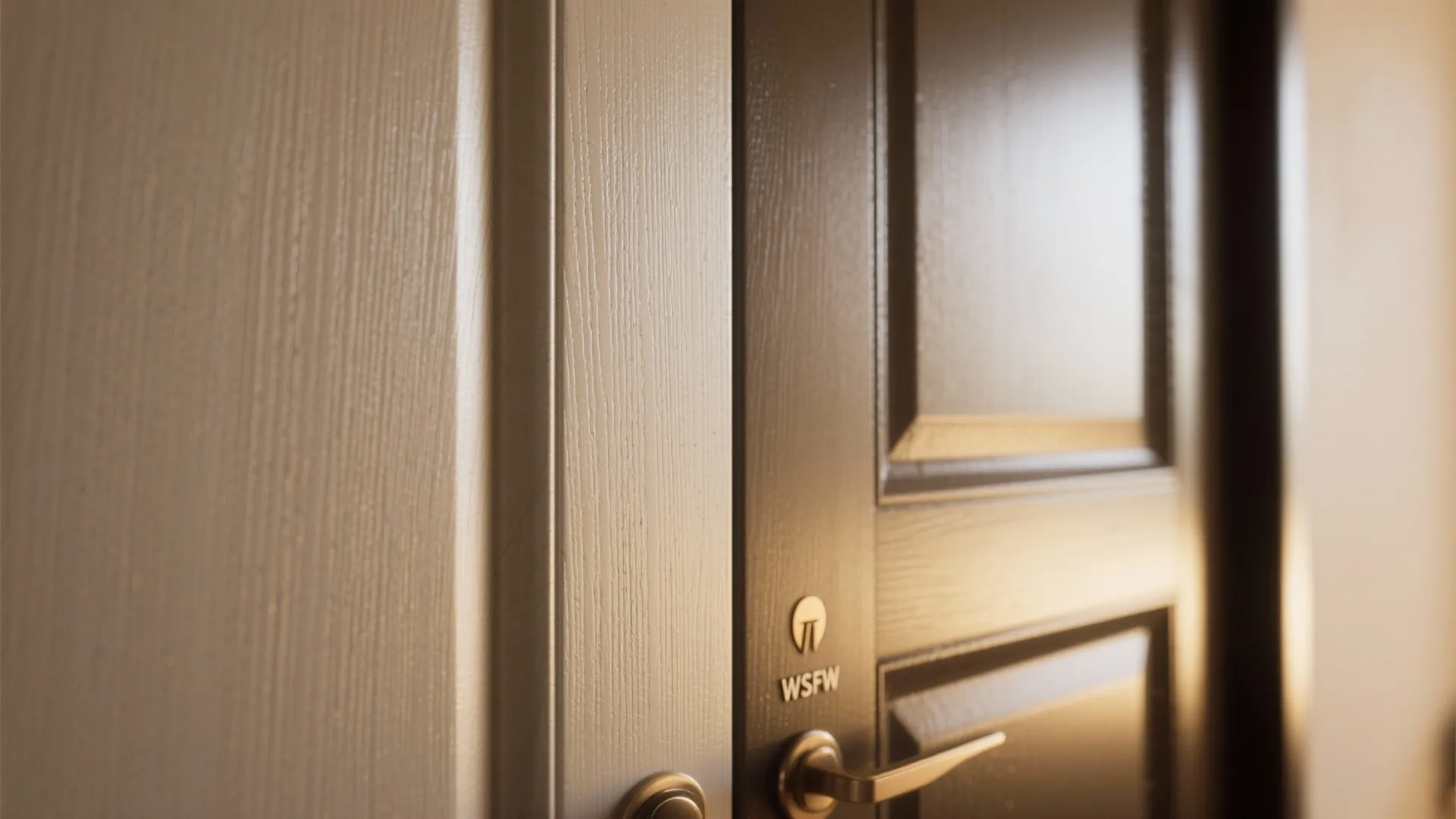 Close up of dark wooden door with metal handle and wood grain detail in sunlight