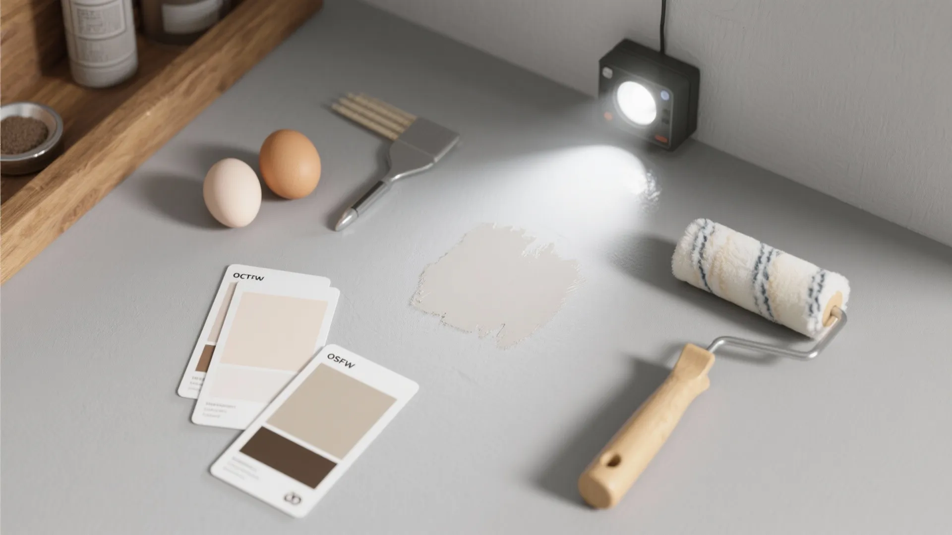 Comparing satin and matte paint finishes on a grey surface with light and painting tools
