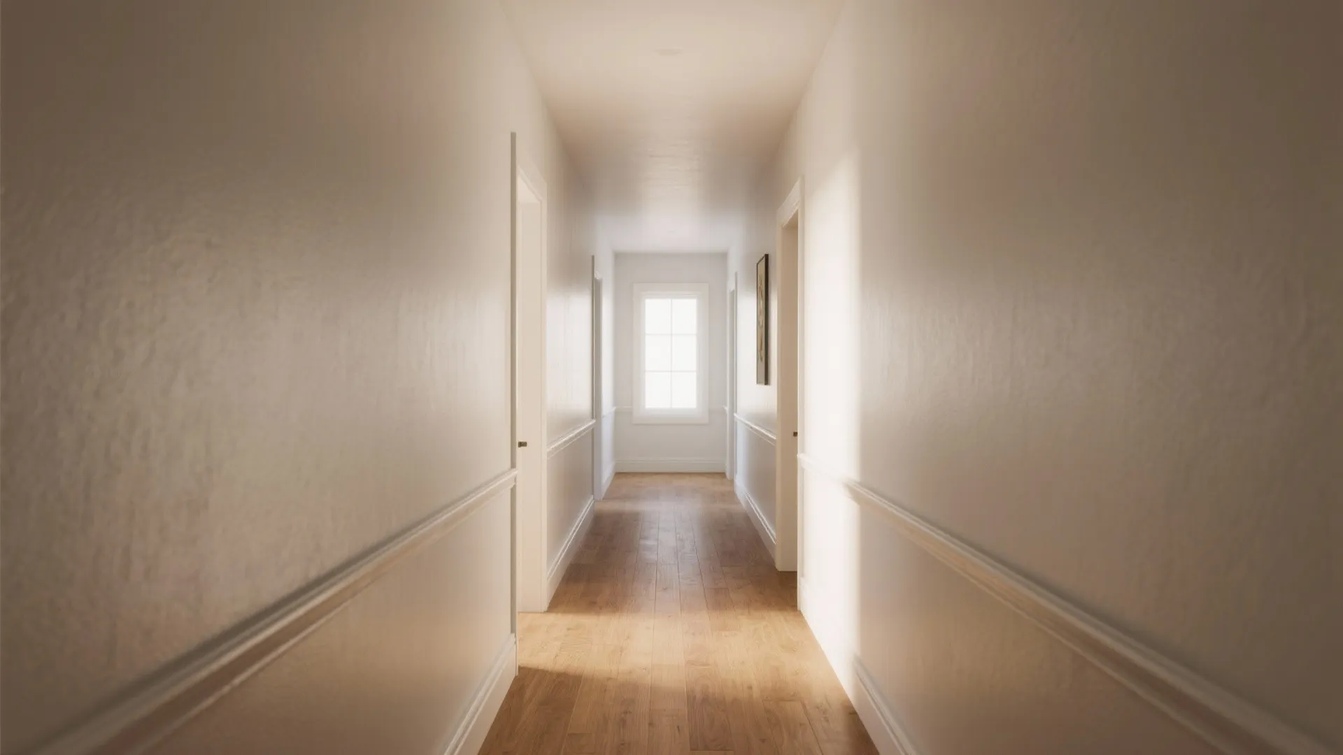 Long empty hallway with white wall panel wood flooring and a window at the end