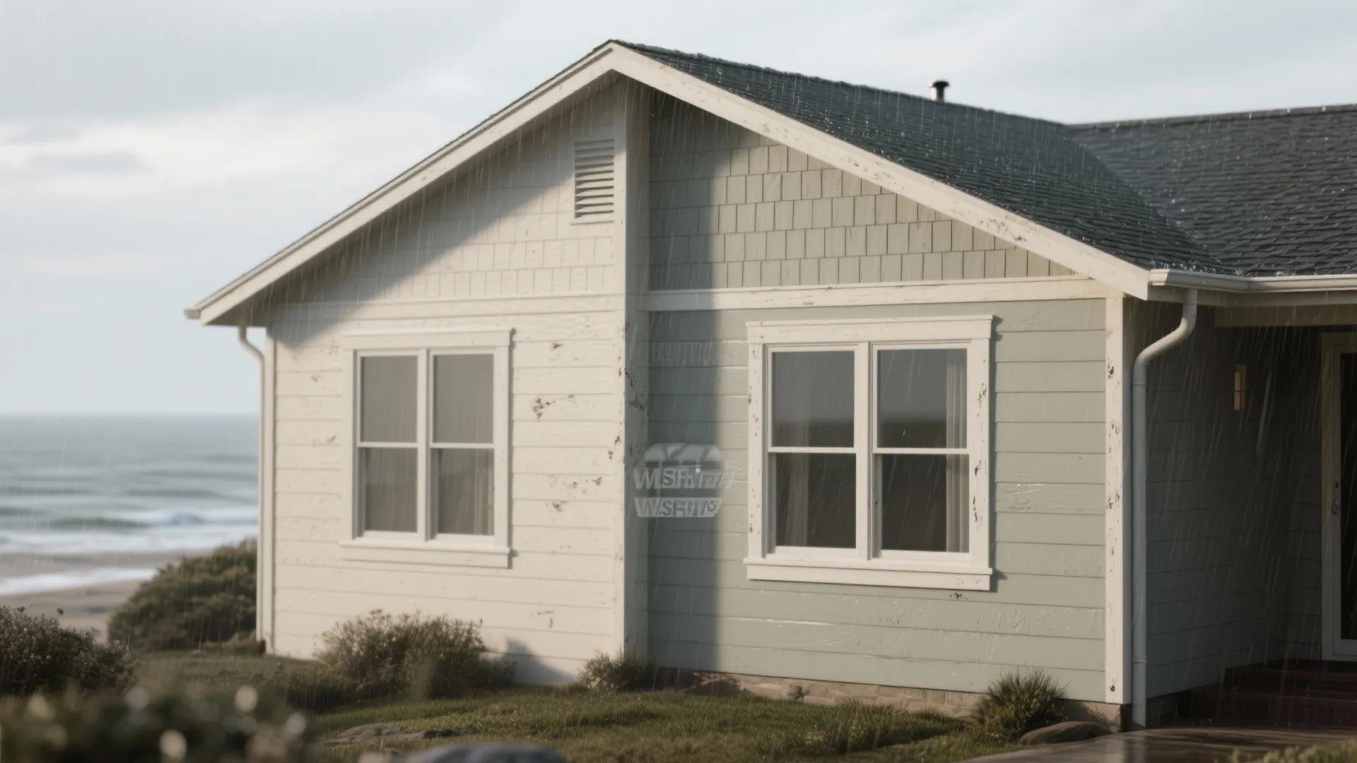 Before and after comparison of house exterior paint colors with white and light green wall boards