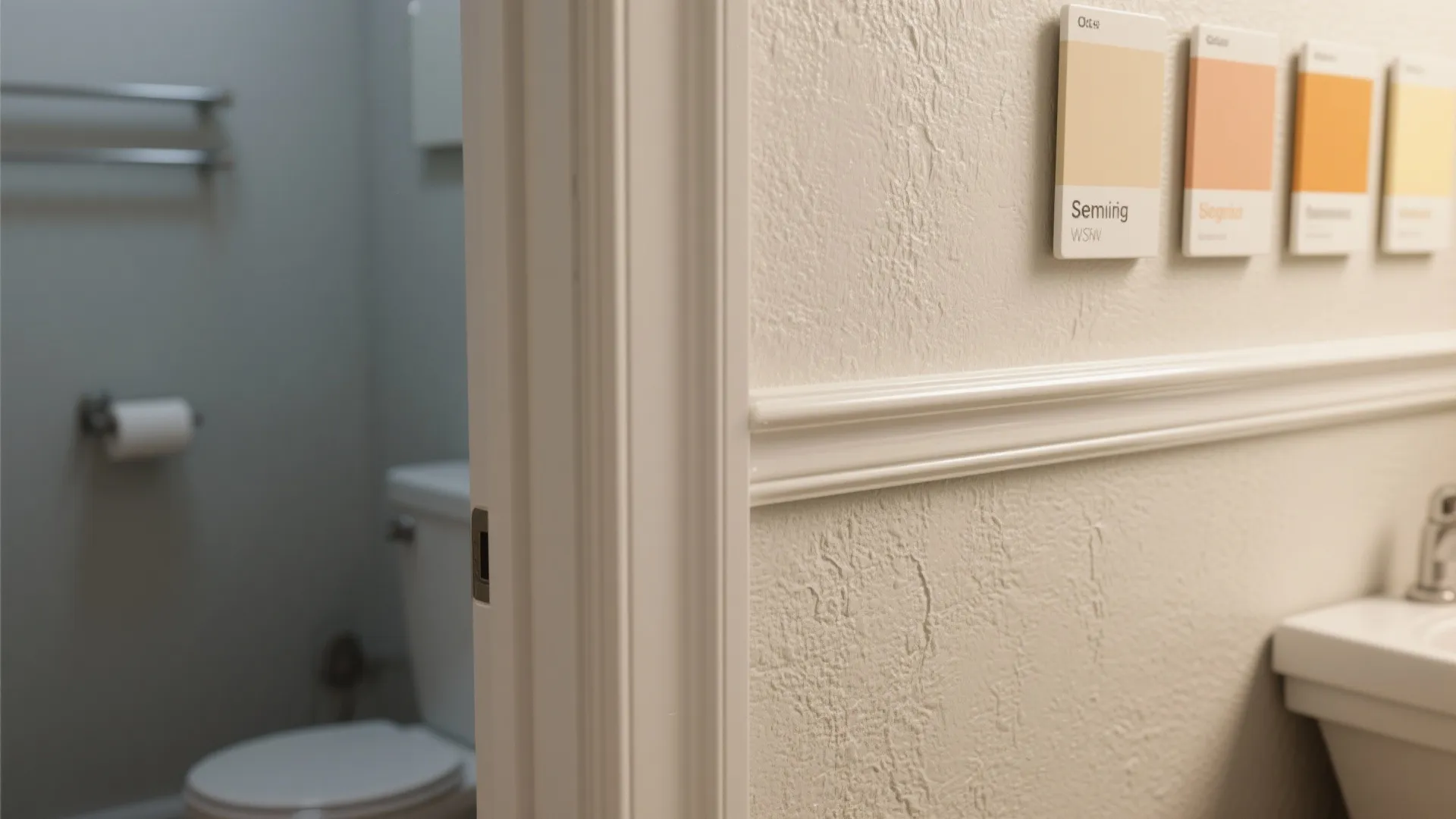 Comparison of semi-gloss trim and eggshell wall finish with paint tester boards under different light.