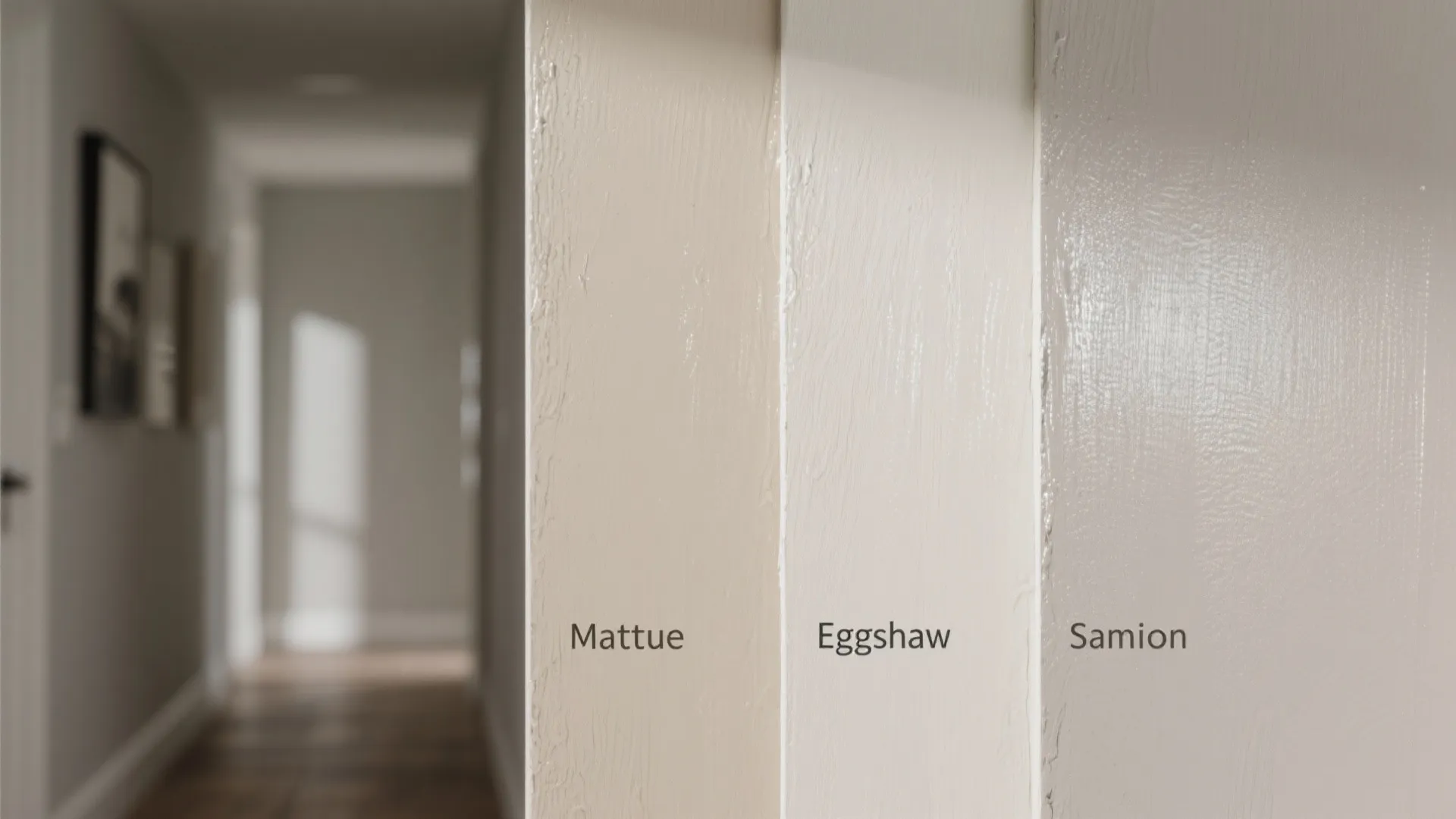 Close-up comparison of matte, eggshell, and satin neutral paint finishes.