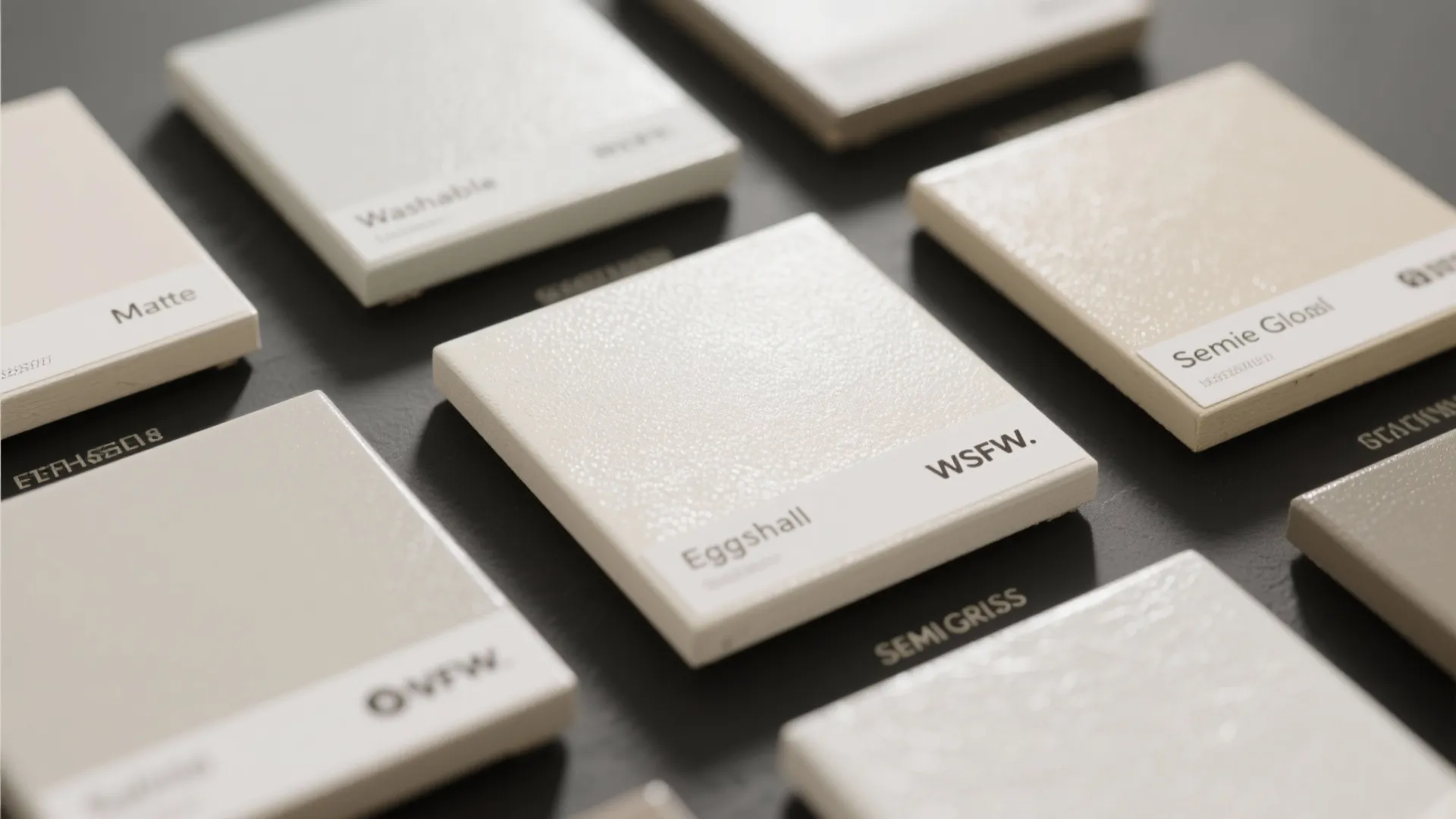 Various interior paint samples showing matte eggshell and semi gloss finishes for wall design projects