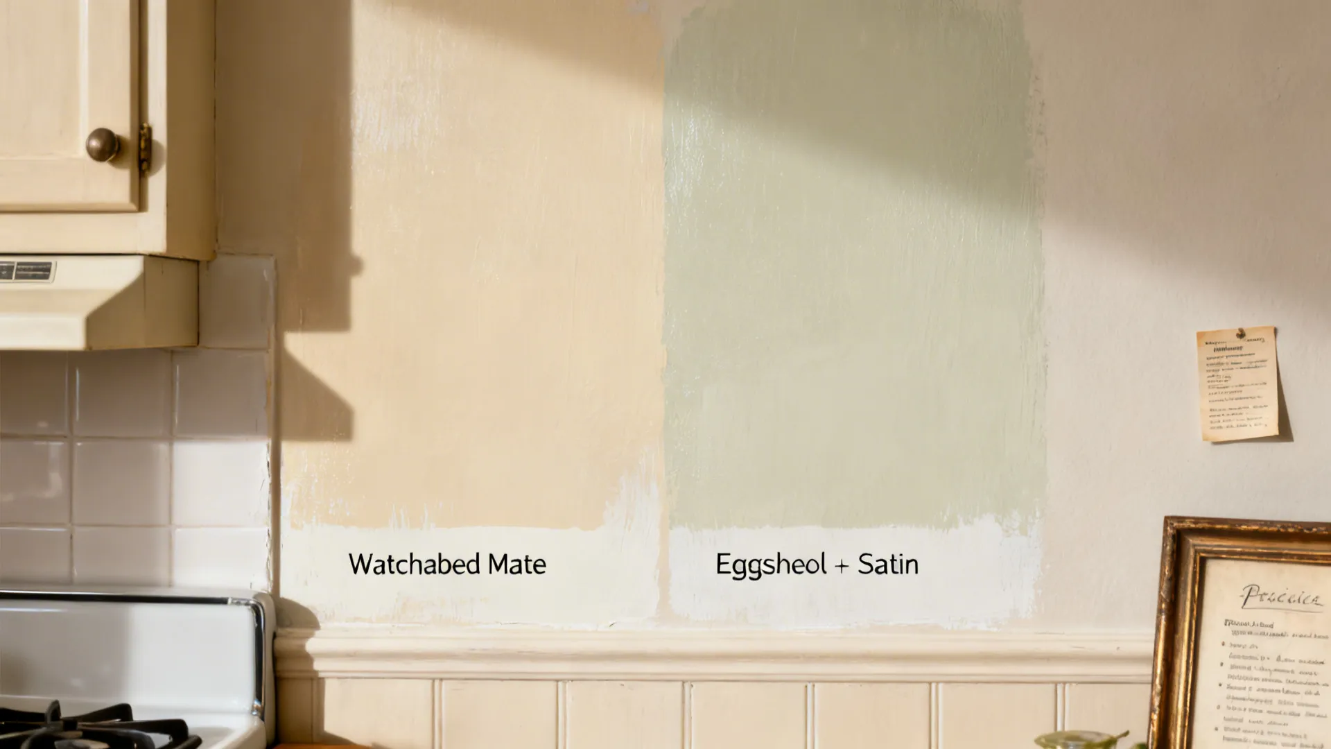 Macro of matte, eggshell, and satin paint swatches under warm neutral lighting near a small framed piece.