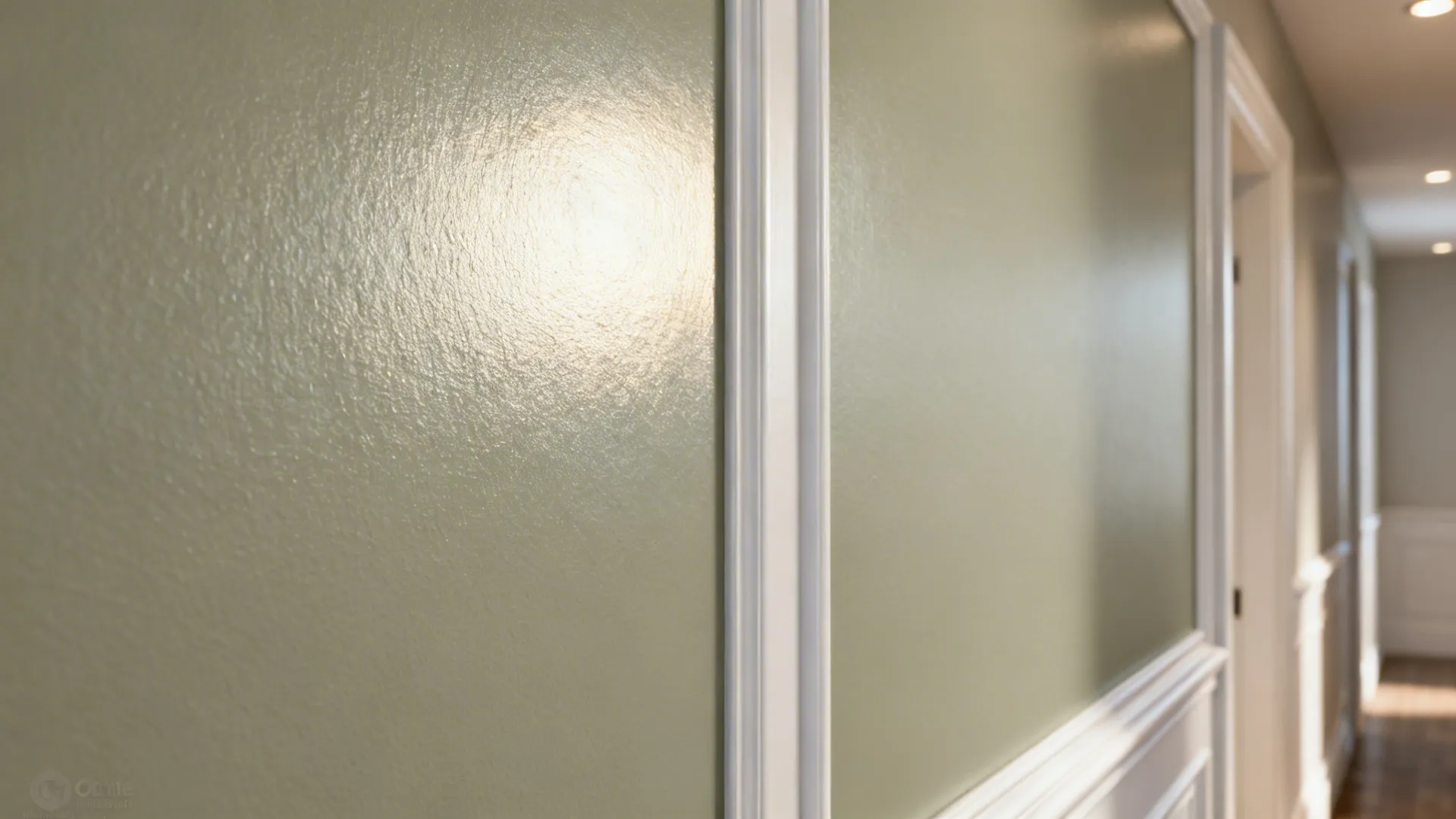 Close up of glossy green paint on wall with white wall panel trim and light reflection