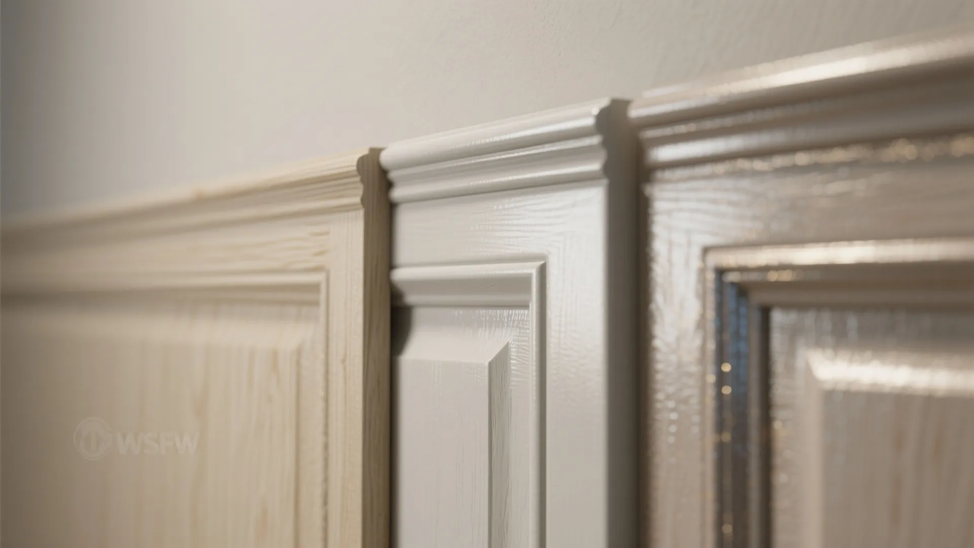 Three wall panel samples showing natural wood and white paint finishes with different light reflection